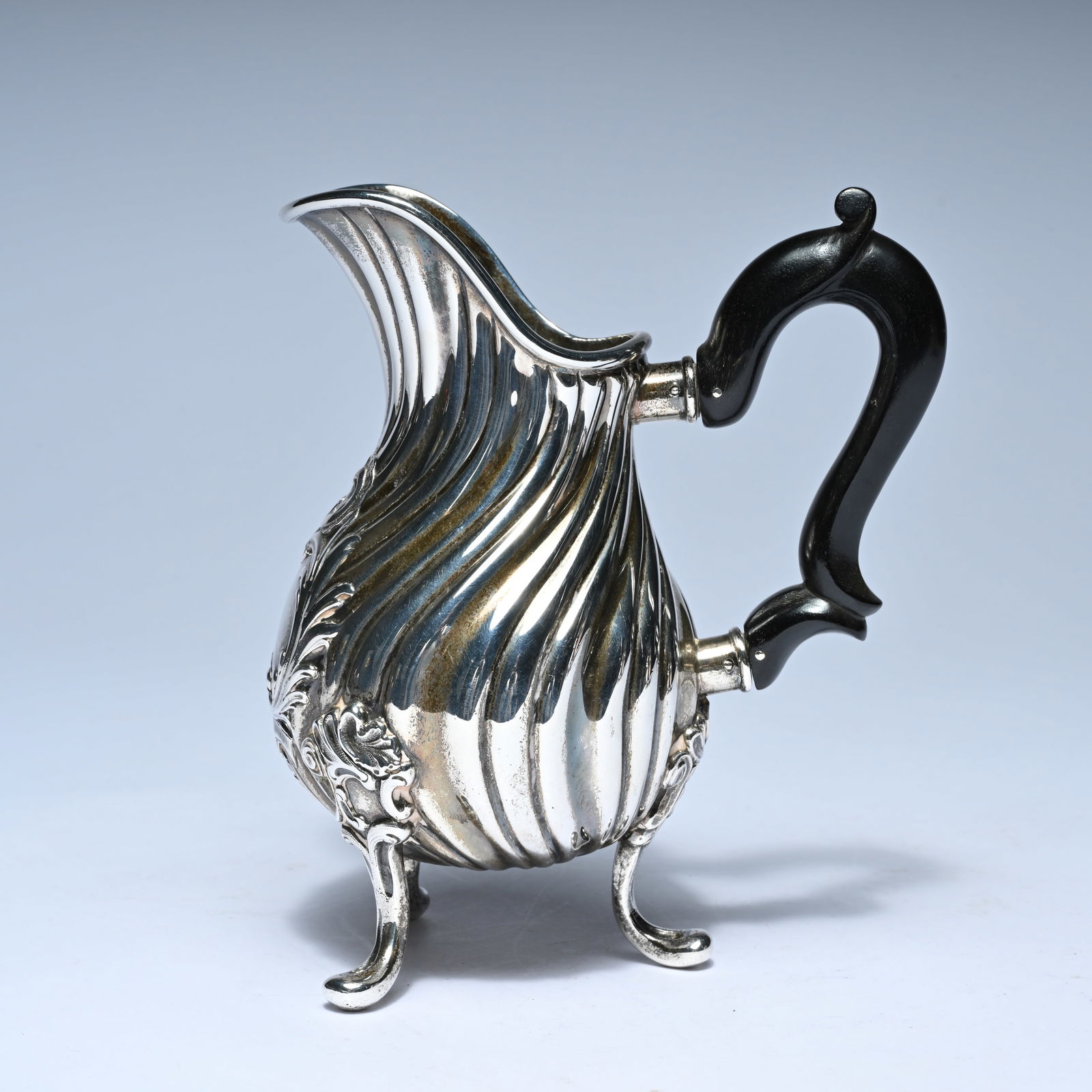 French silver cream jug with ribbed, pear-shaped bowl and gracefully wavy spout, Boin-Taburet Paris, (1 of 8)