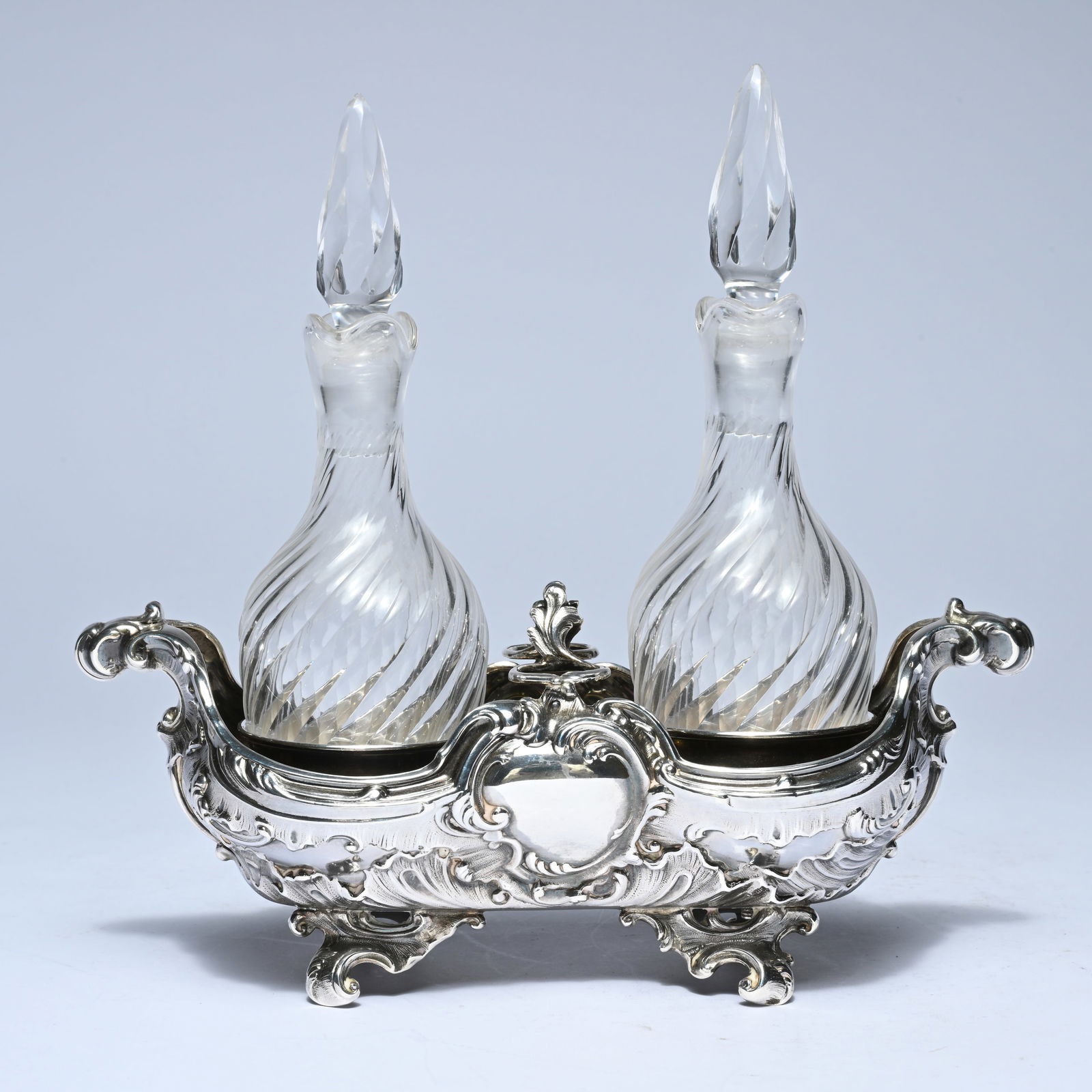 Silver oil and vinegar set with two cut crystal flasks, Belgium, marked E. Le Joly, Liège, ca. (1 of 7)