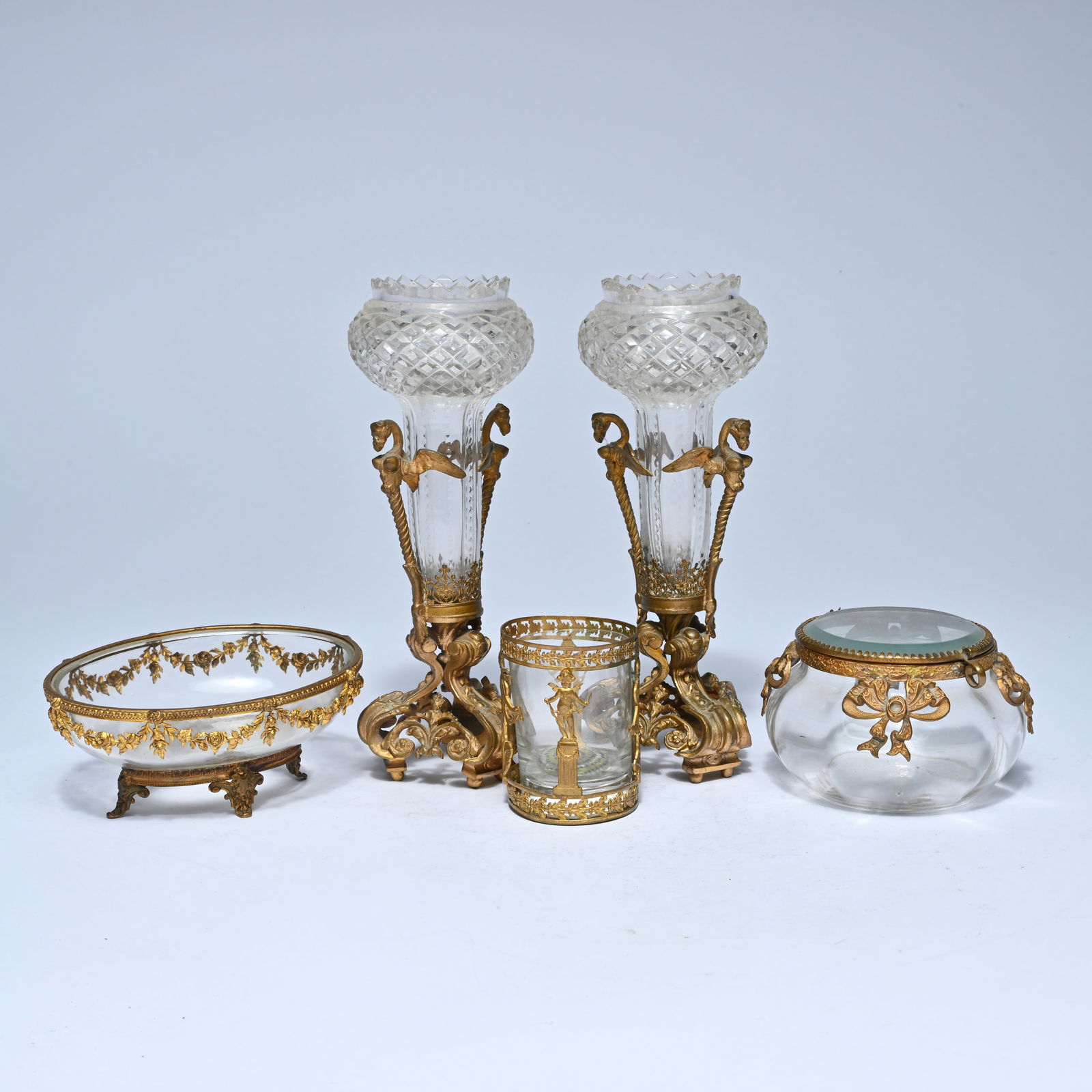 Elegant French gilt bronze and cut crystal garniture, consisting of two soliflore vases, a bowl, a (1 of 5)
