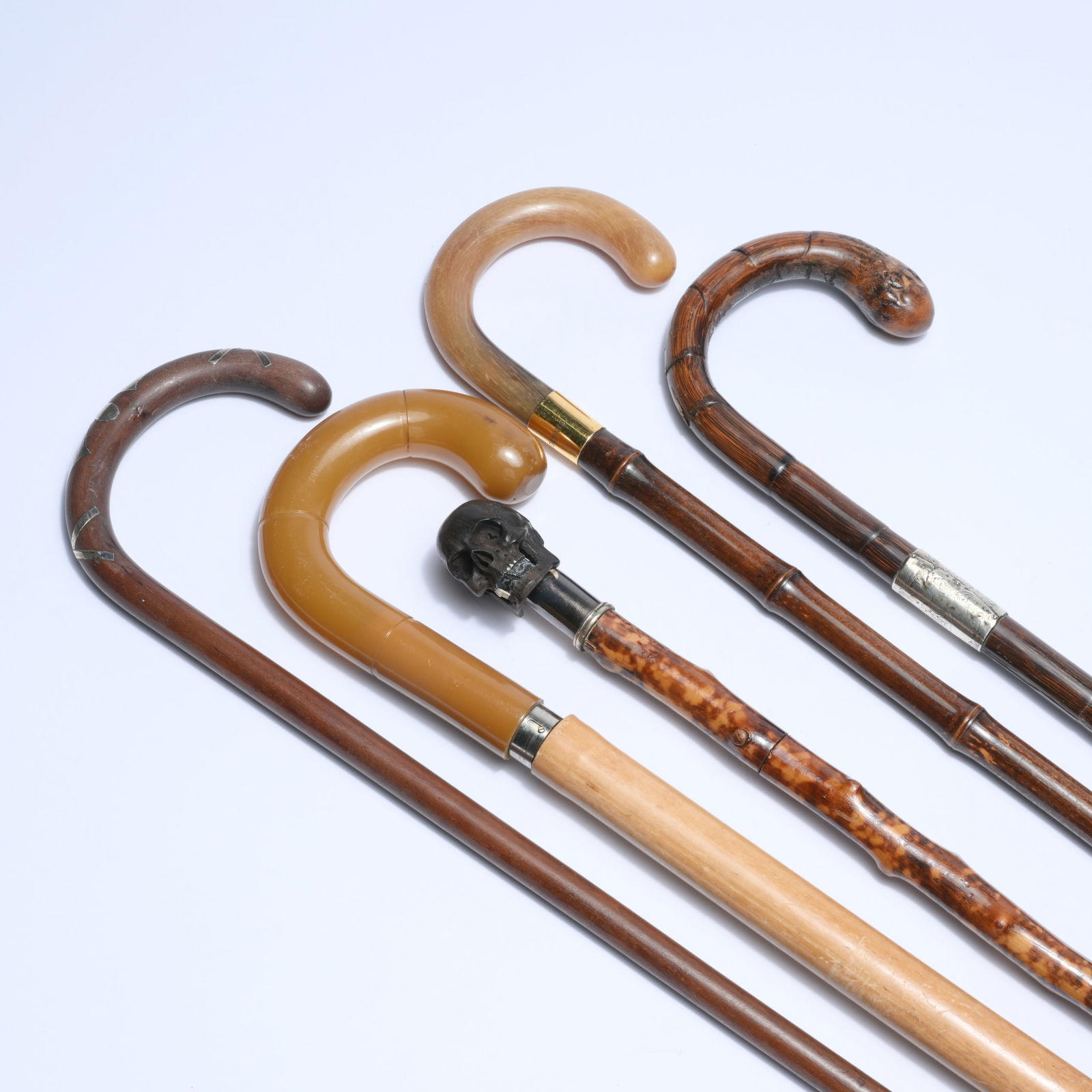 5 walking sticks with handles in horn, one stick with a skull knob and one with a bamboo version (1 of 6)