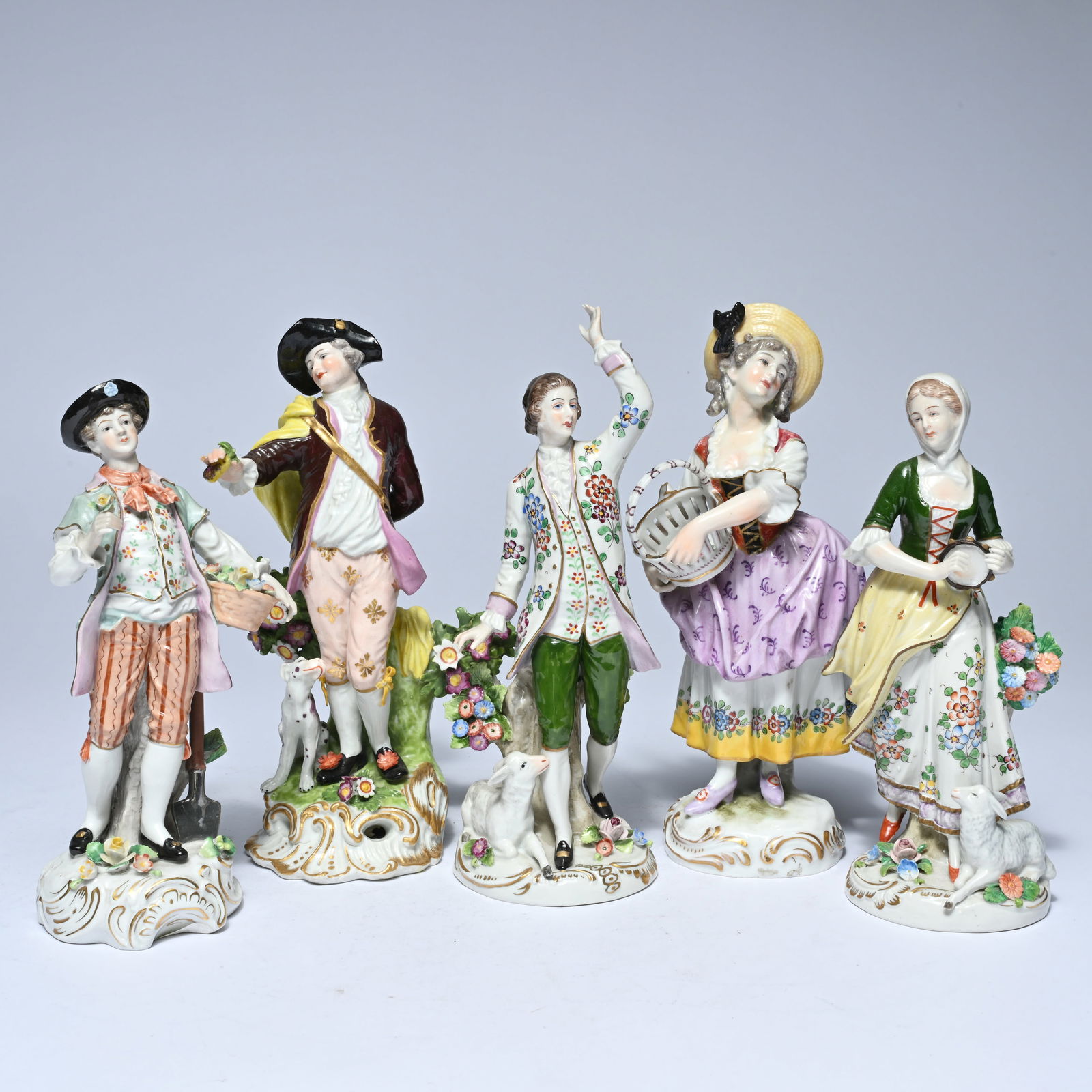 5 polychrome porcelain figures in continental style, Germany, including Sitzendorf, marked, 19th (1 of 7)