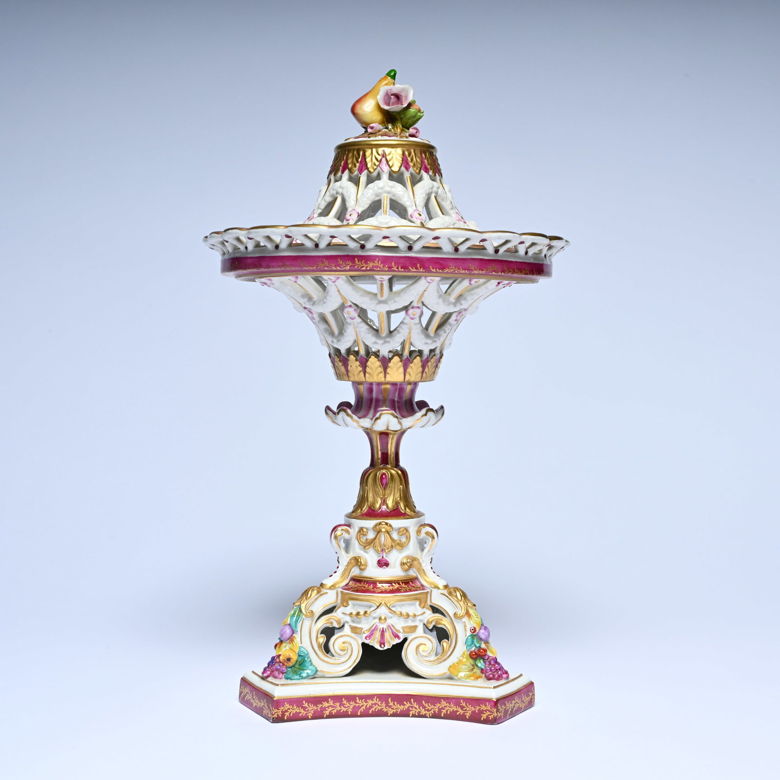 French porcelain potpourri vase with lid, 19th century, openwork with gilded rococo ornaments and (1 of 7)