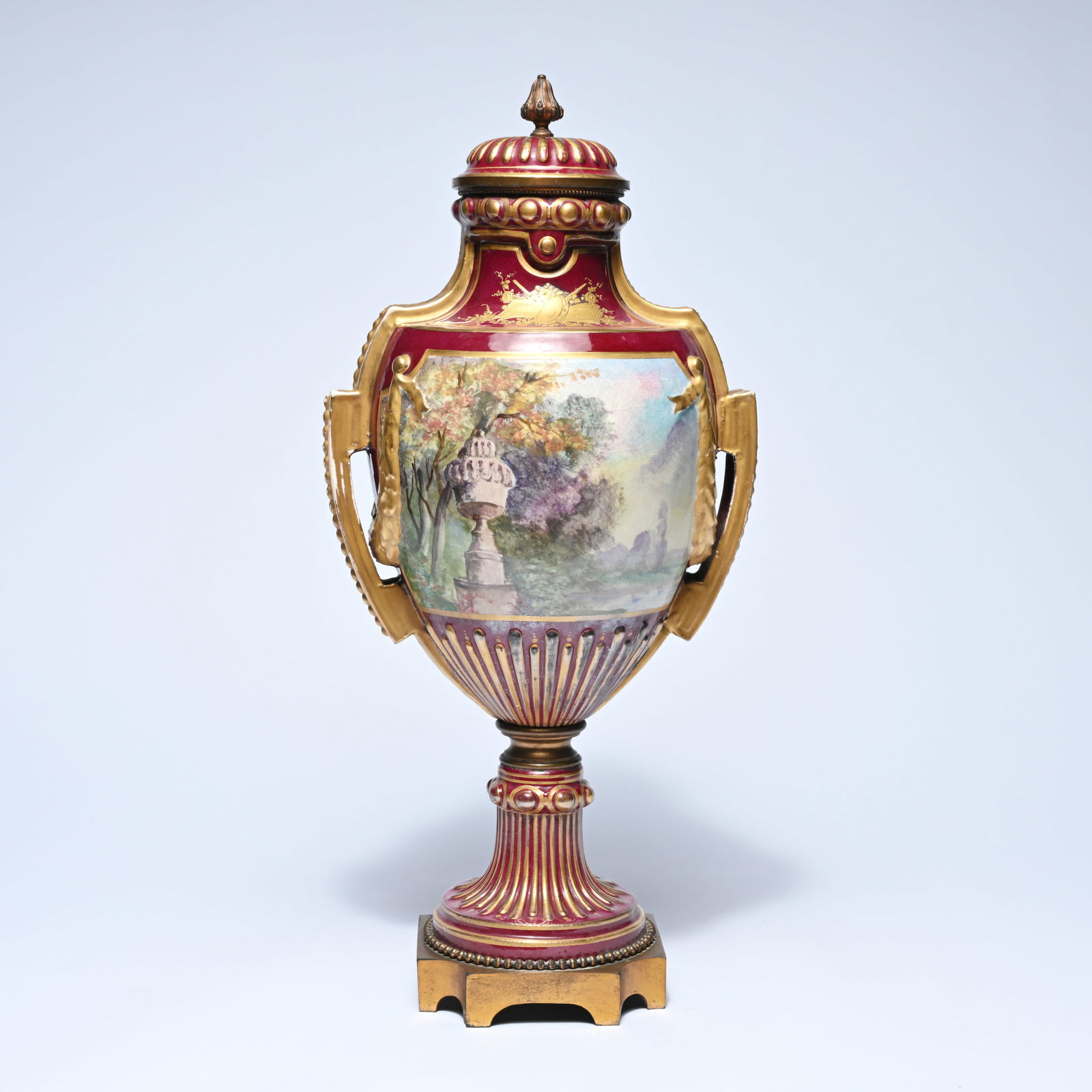 Porcelain Empire Royal Vienna-style covered vase with a hand-painted landscape decoration and (1 of 6)