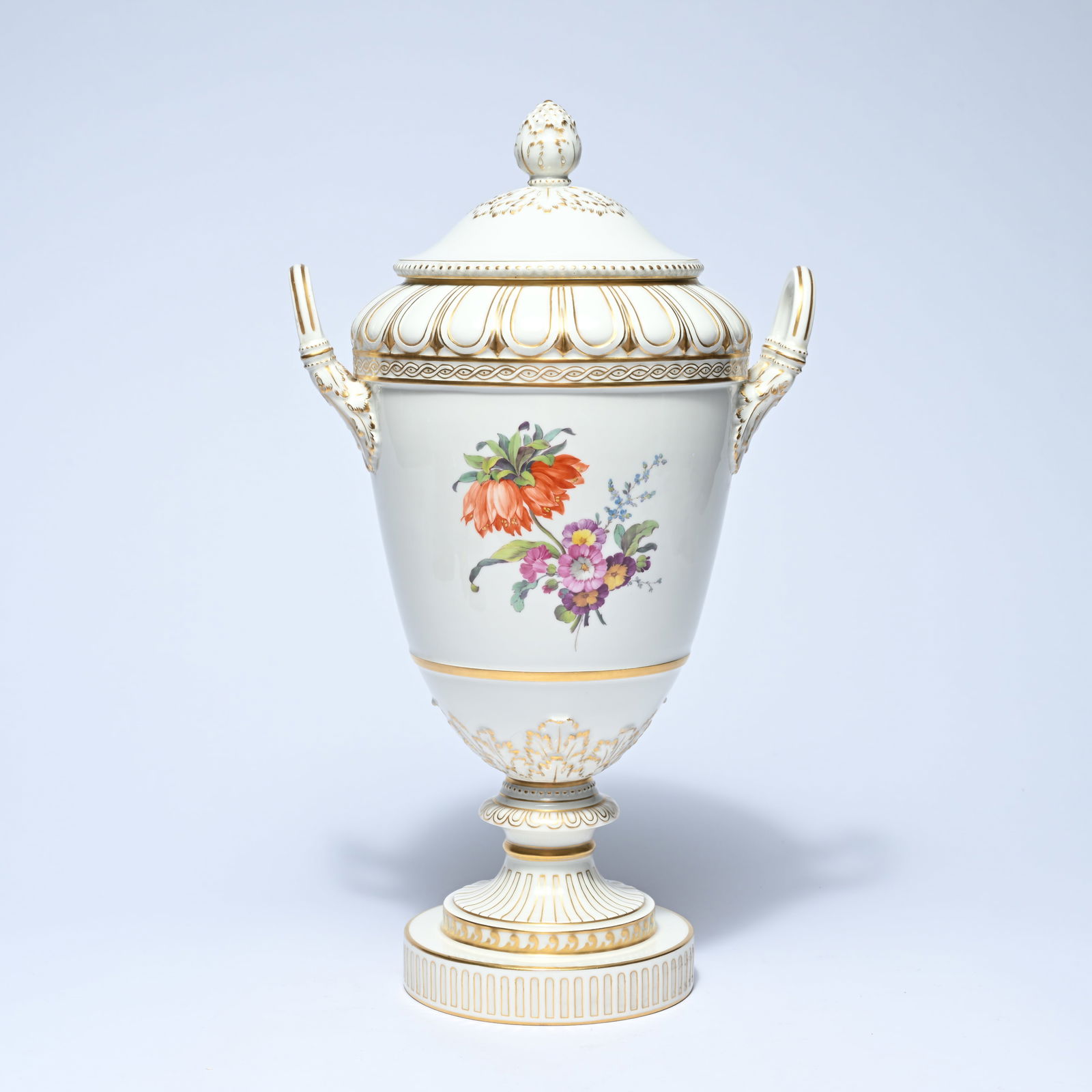 Large porcelain lidded vase in amphora shape with side handles, decorated with polychrome floral (1 of 7)