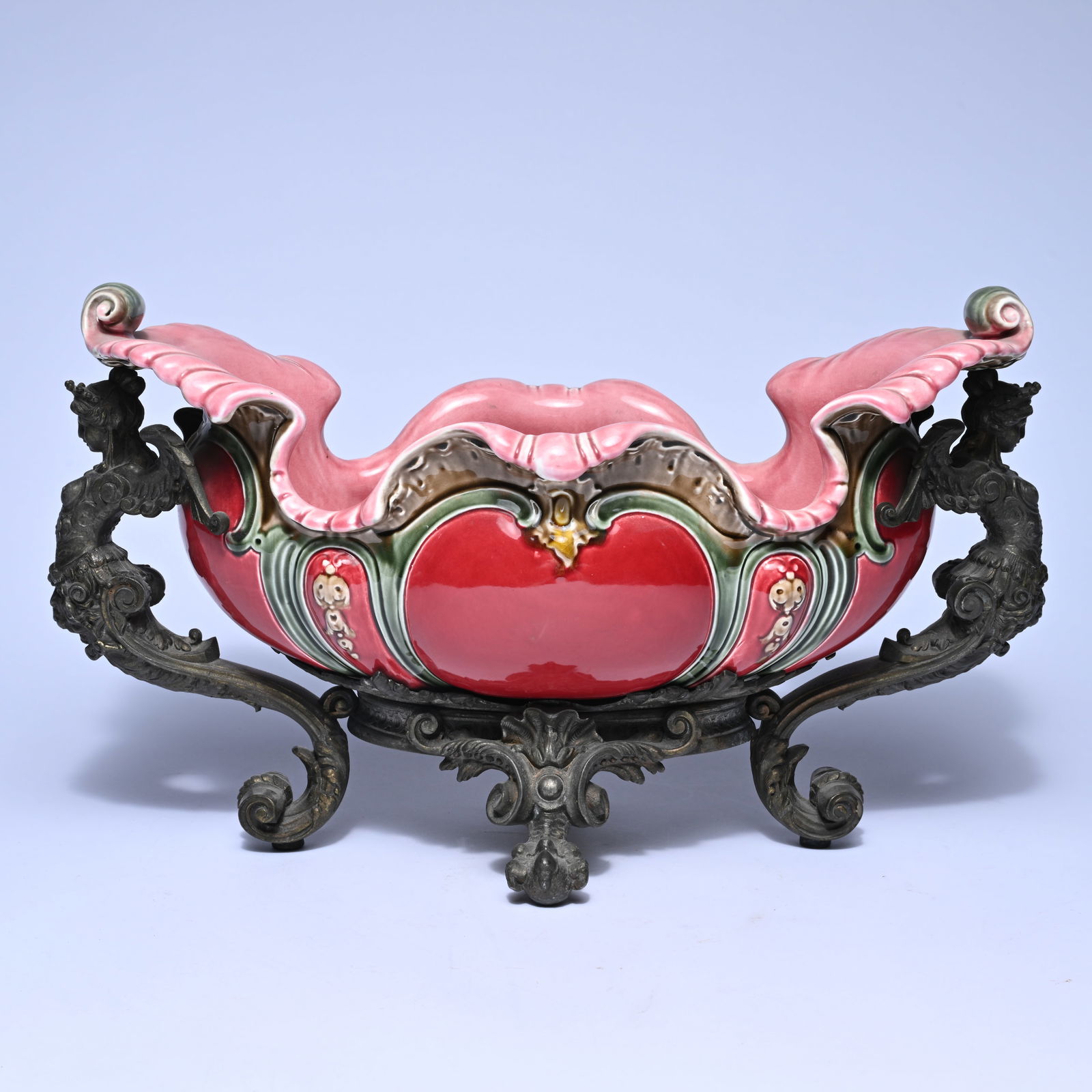 Majolica jardinière in brightly colored red glazed earthenware set in a richly detailed bronze (1 of 7)