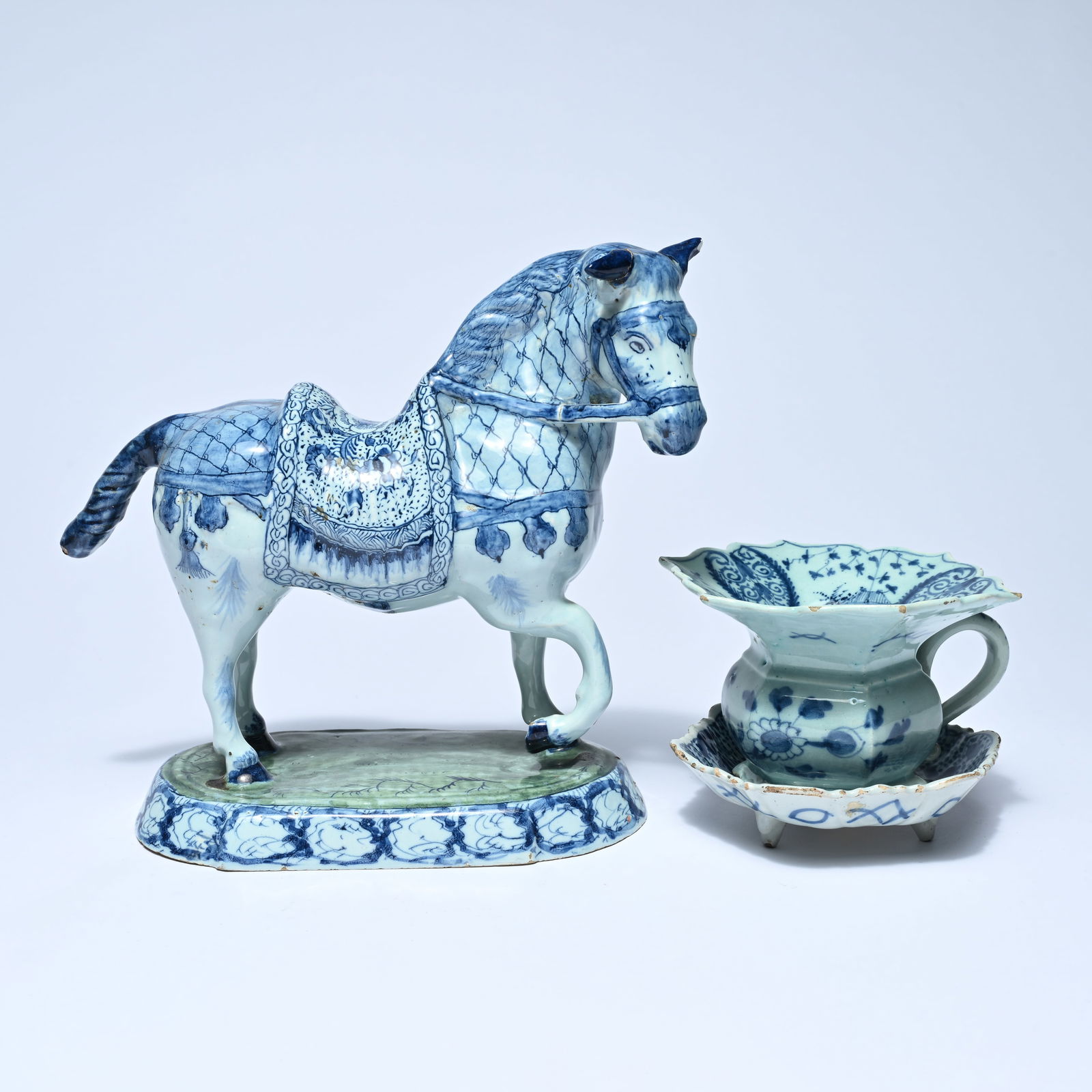 Colletion (3) of blue and white earthenware, 18th century blue and white Delft horse and blue and (1 of 9)