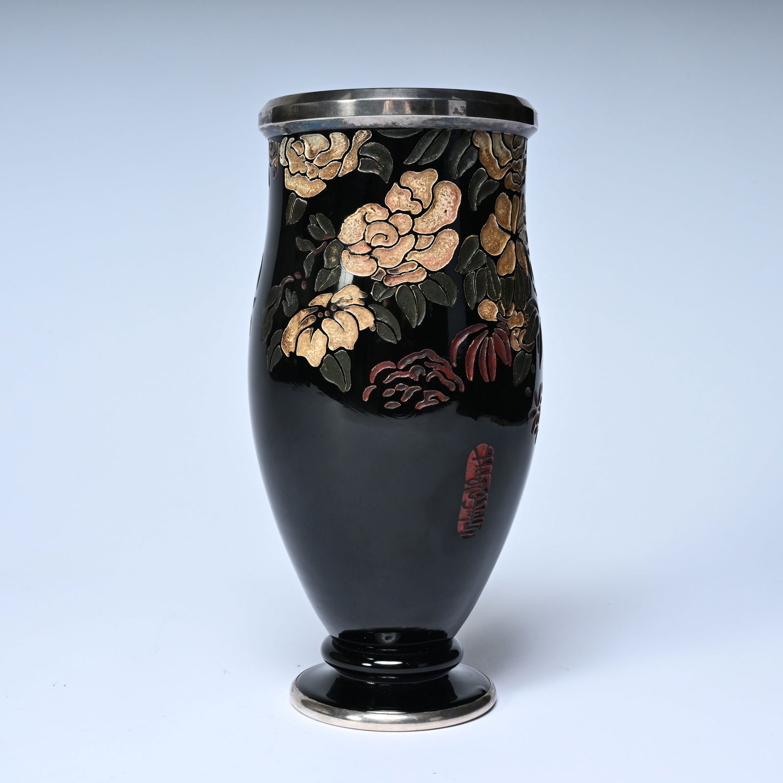 A black Baccarat glass vase with silver mounts, signed vesbues, presented at the exposition des arts (1 of 7)