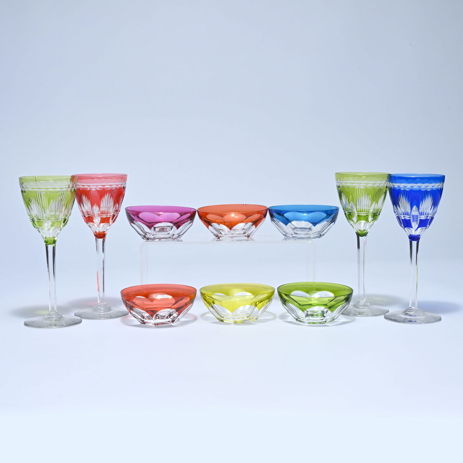 Val Saint Lambert, 6 colored crystal finger bowls and 4 colored crystal glasses (1 of 7)