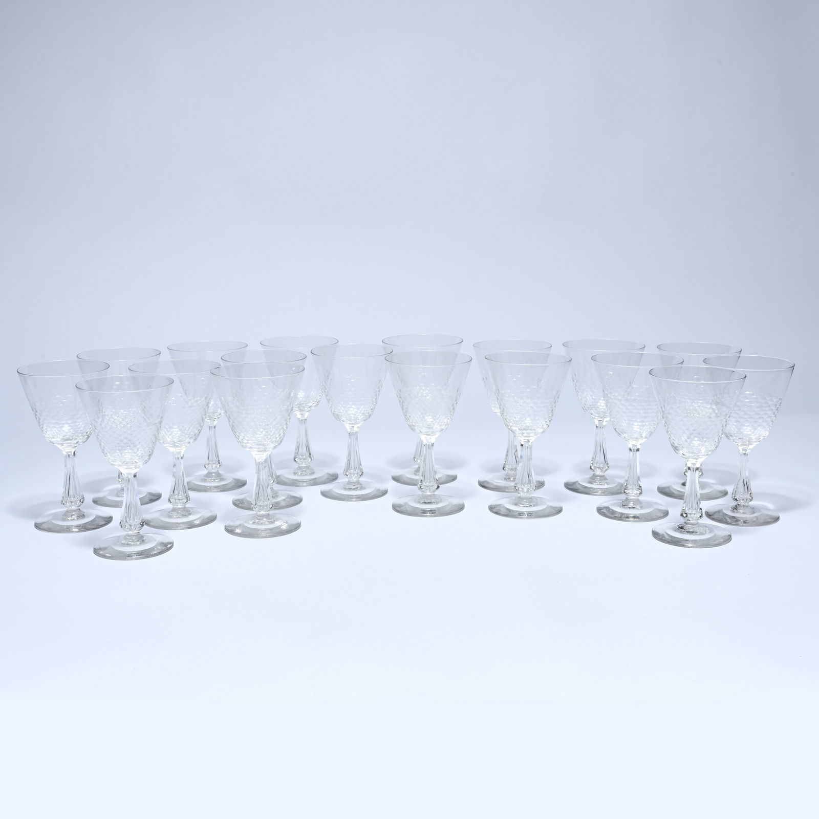 Collection of 18 crystal wine glasses with cut diamond pattern, probably Cristallerie de Vonêche, (1 of 6)
