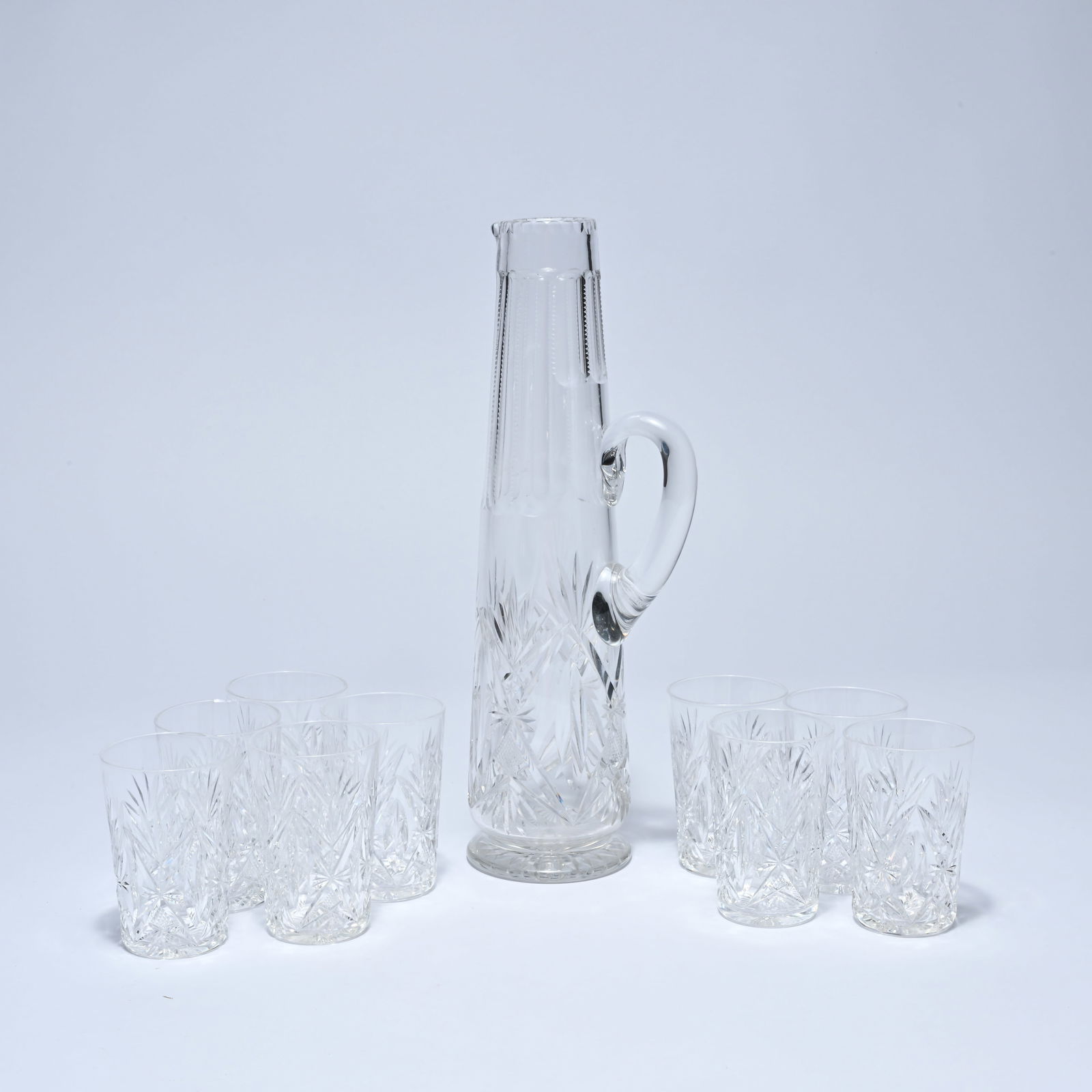 Val Saint Lambert, a crystal carafe with 9 crystal glasses, model Bern Cassel and decor taile riche (1 of 5)