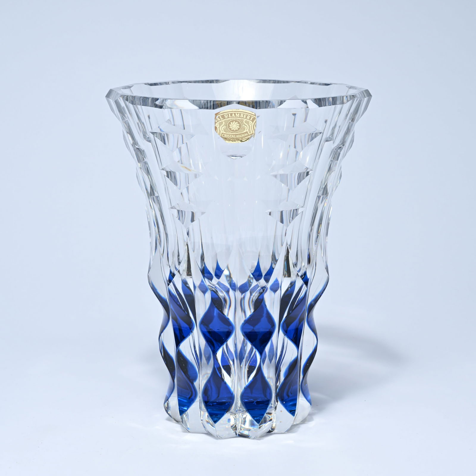Val Saint Lambert clear and blue cut crystal vase, with original label (1 of 7)