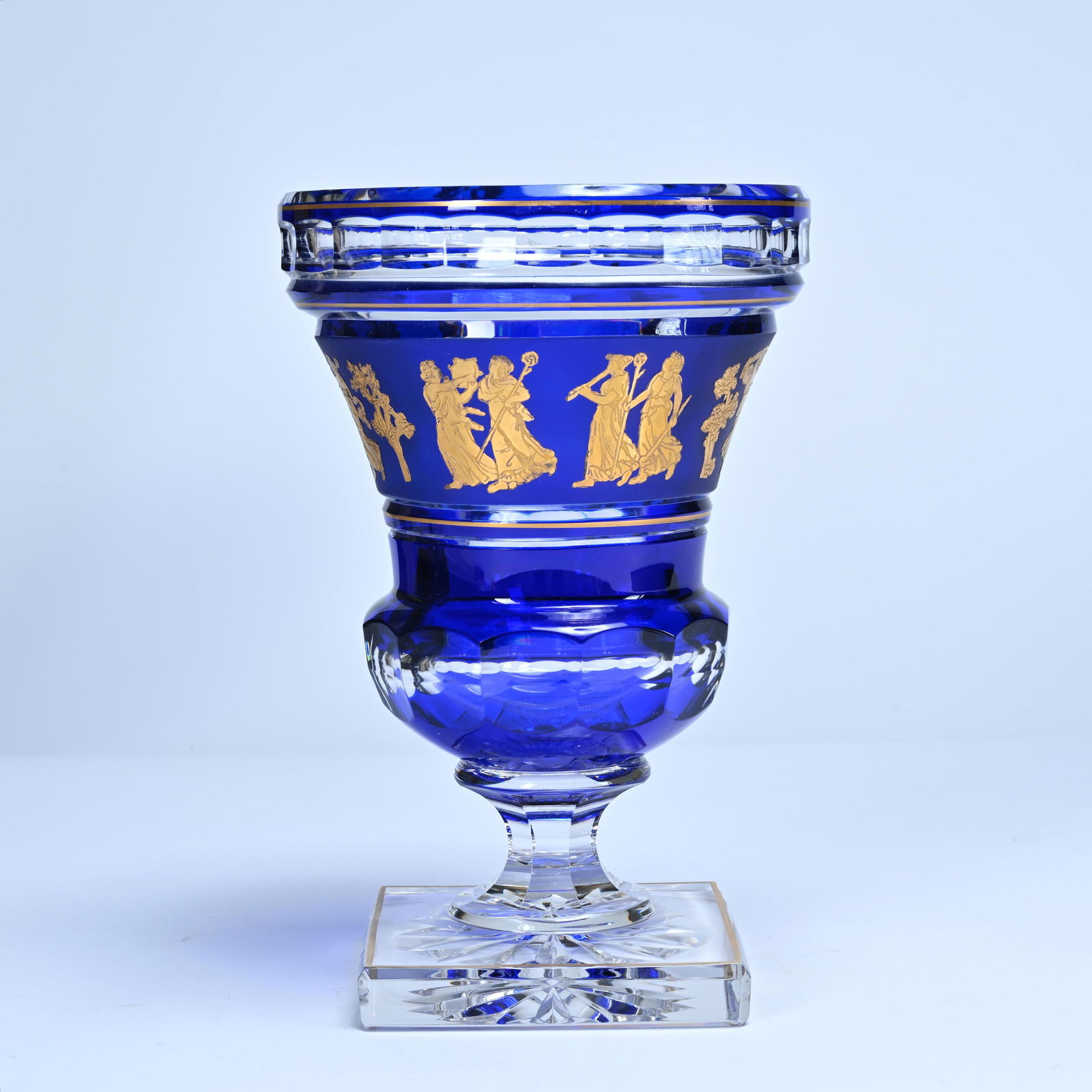 Val Saint Lambert cobalt blue and clear cut crystal vase with 'Danse de Flore' decoration, signed (1 of 8)