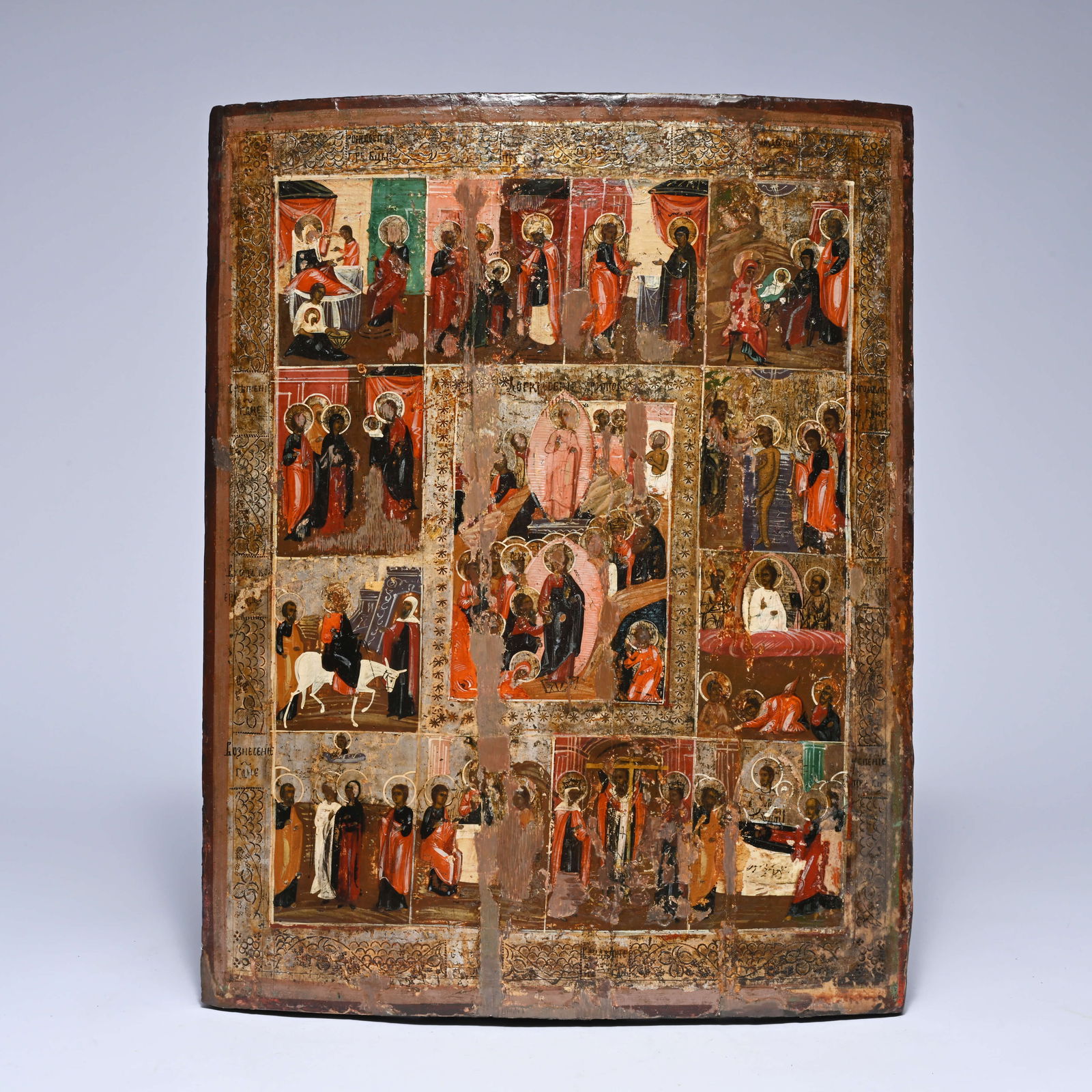 Russian icon, 19th century, on wood with several scenes from the life of Christ/Orthodox holidays (1 of 5)