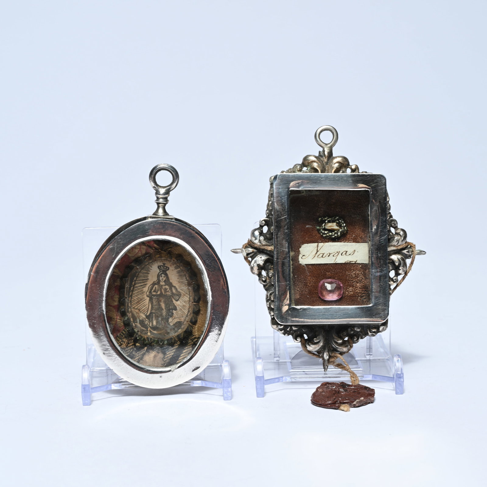 2 silver relics, sealed, one with the image of the Virgin Mary Immaculata and one S. Vargas with a (1 of 4)