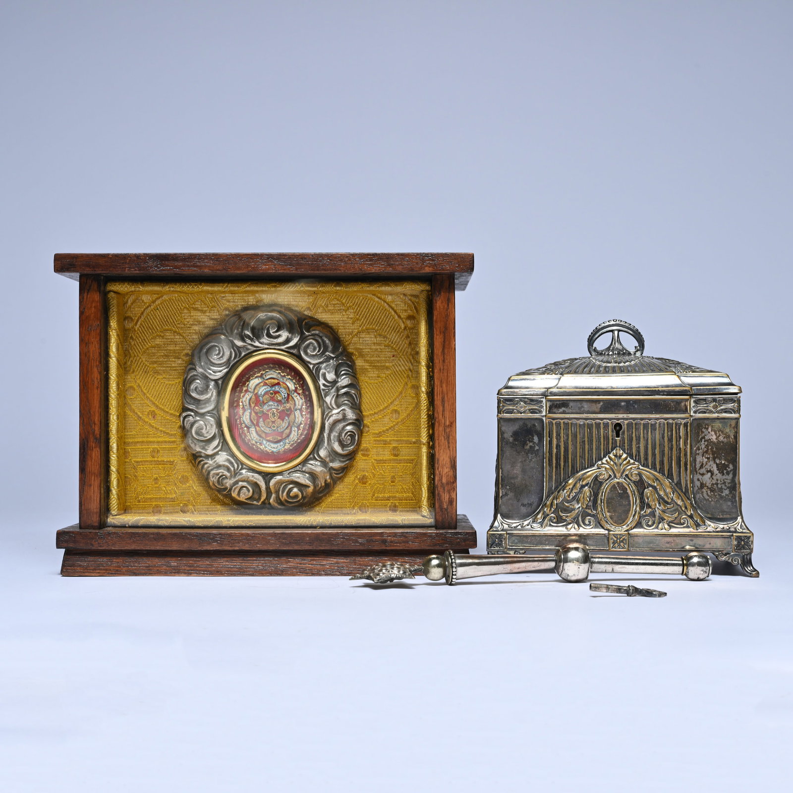 19th century jewelry box, made of silver-plated and gilded metal, a silver staff of Mary and a 19th (1 of 10)