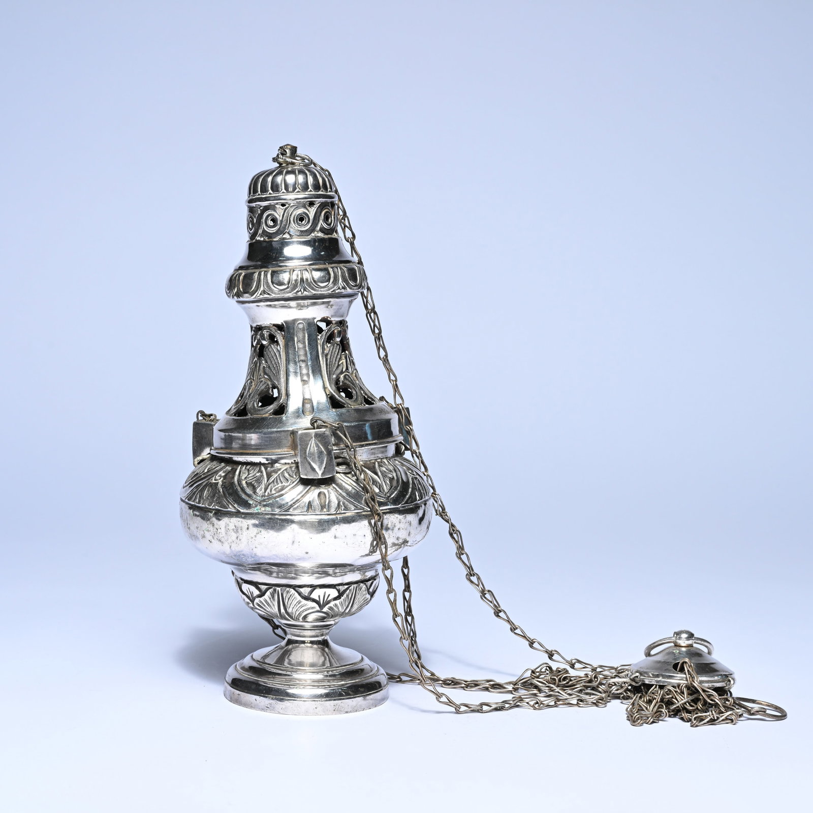 19th century ecclesiastical incense burner in plated silver richly chased and engraved (1 of 7)