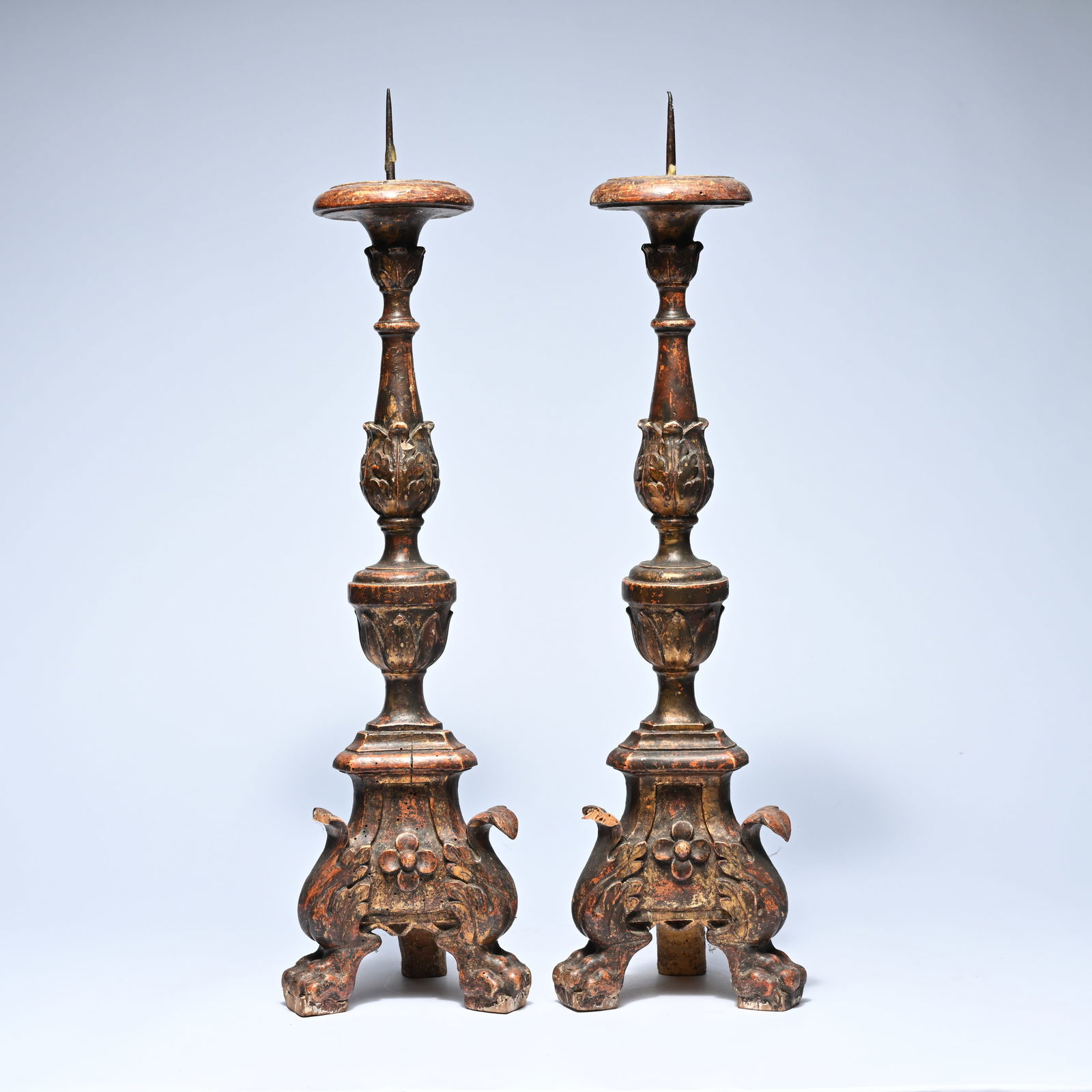 A pair of antique wooden altar candlesticks in Italian Baroque style. (1 of 5)