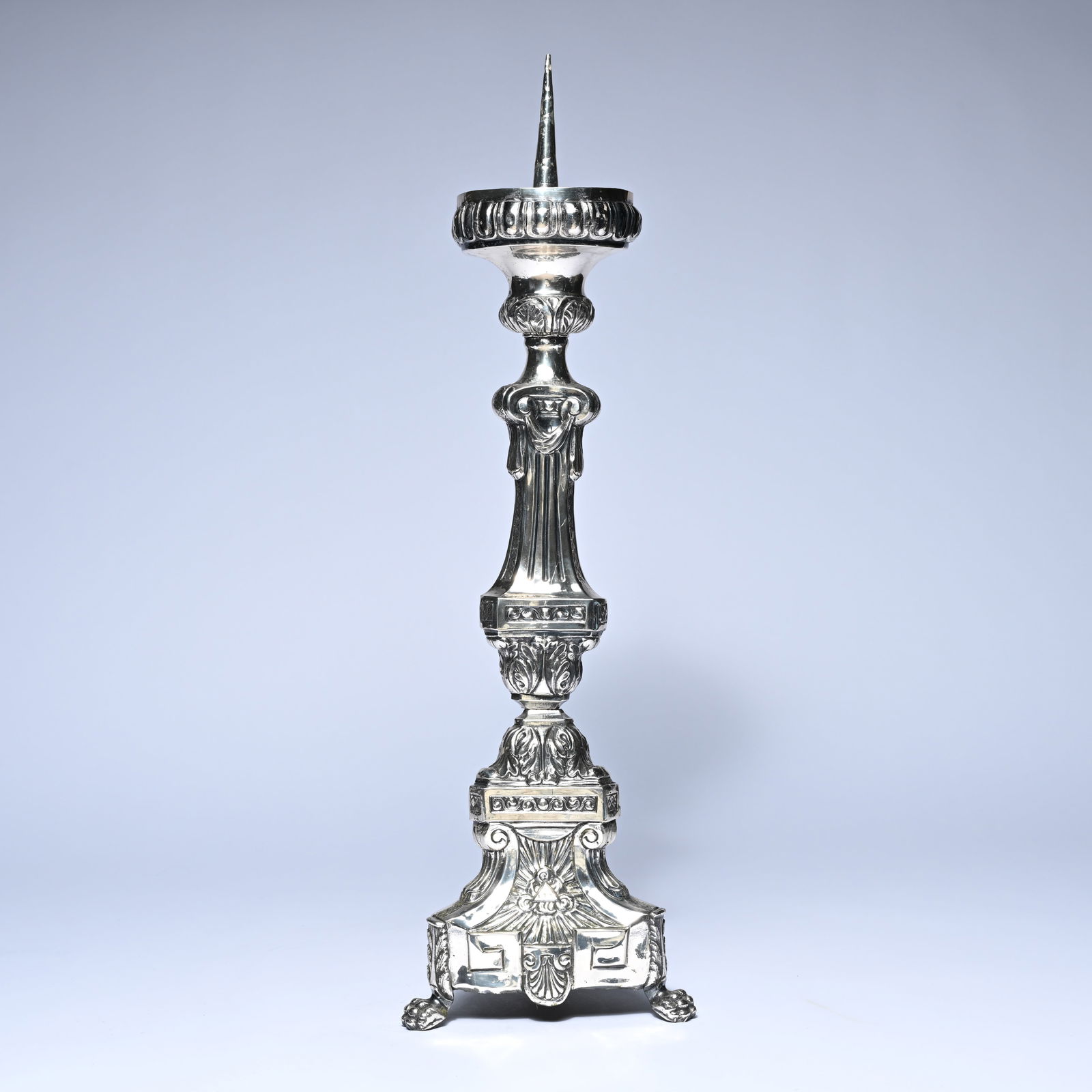 Large silver-plated altar candlestick with richly cast and chiselled decoration, constructed from a (1 of 7)