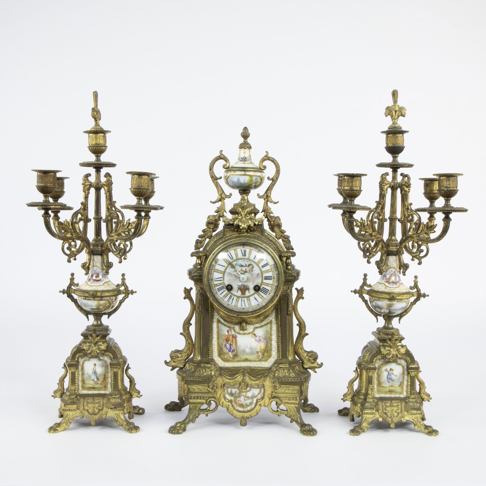 French three-part clock set in Louis XV style with porcelain plaques with romantic scenes (1 of 4)
