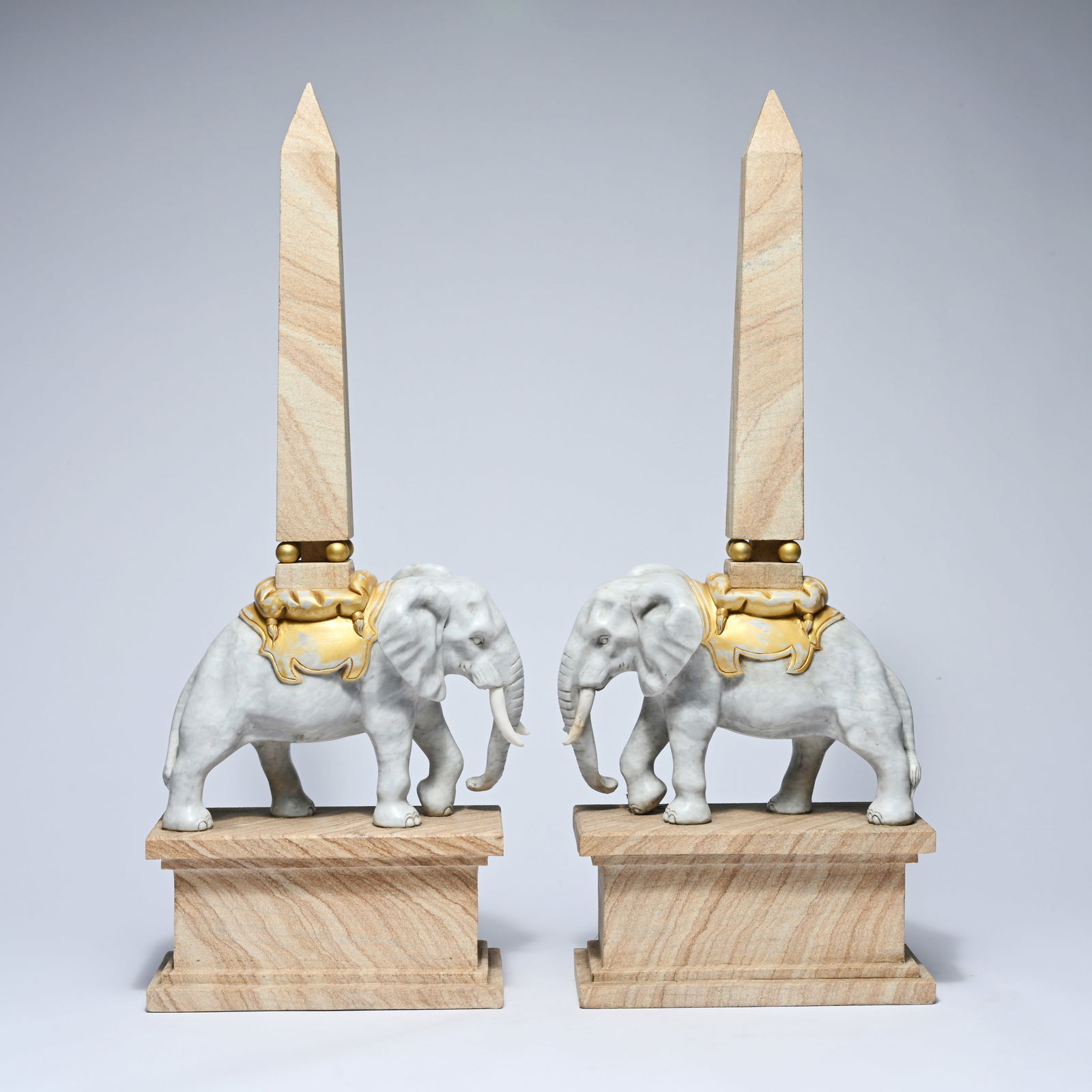 Art Deco monumental marble bookends in 'Retour d'Égypte' style, with elephants and obelisks, circa (1 of 5)