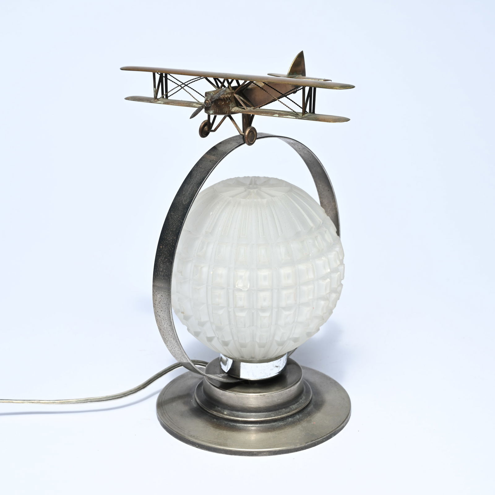 Art Deco table lamp with a silver-plated metal base and a bracket-shaped support surrounding a (1 of 6)