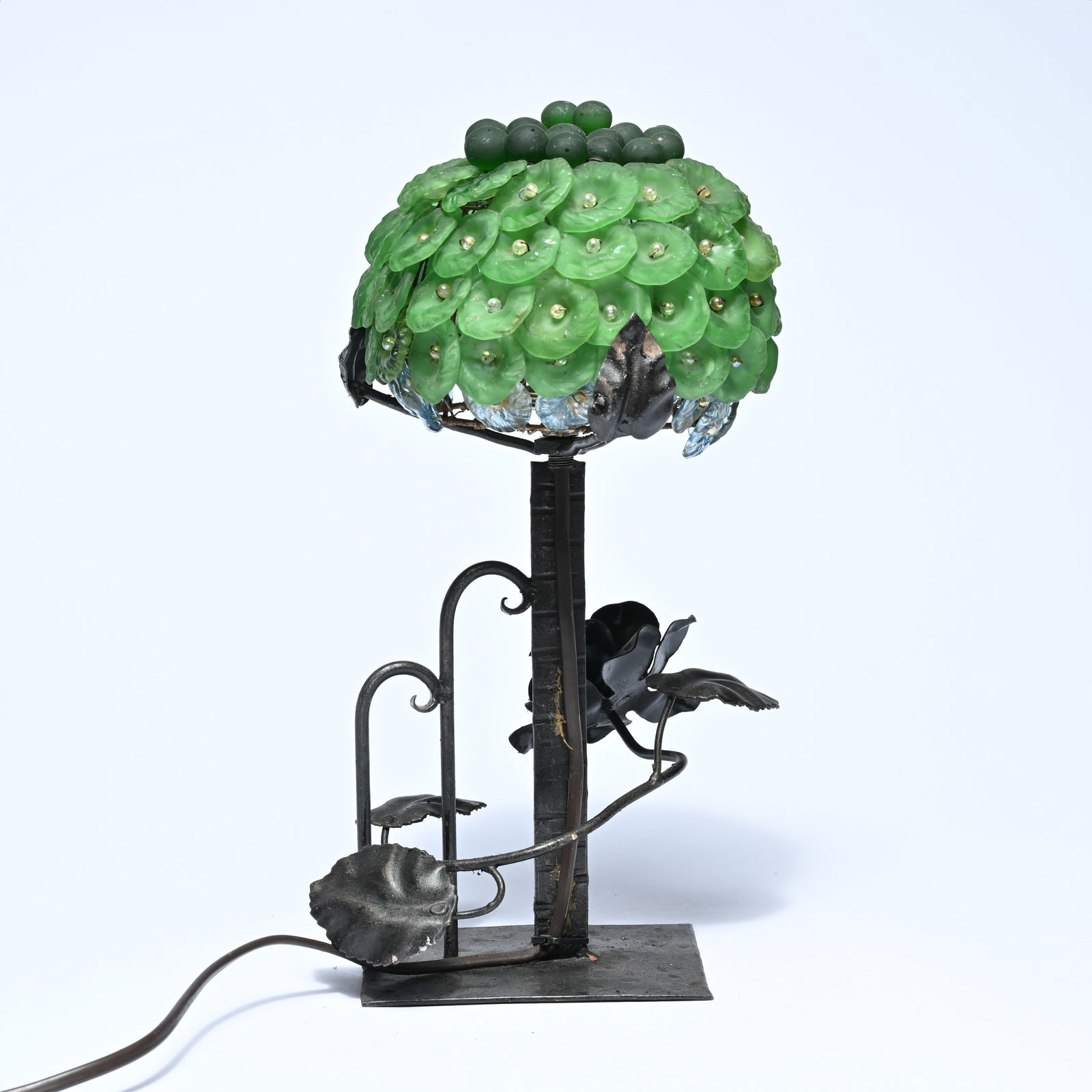 Art Deco table lamp in wrought iron with a shade with green glass flowers, 1940s (1 of 6)
