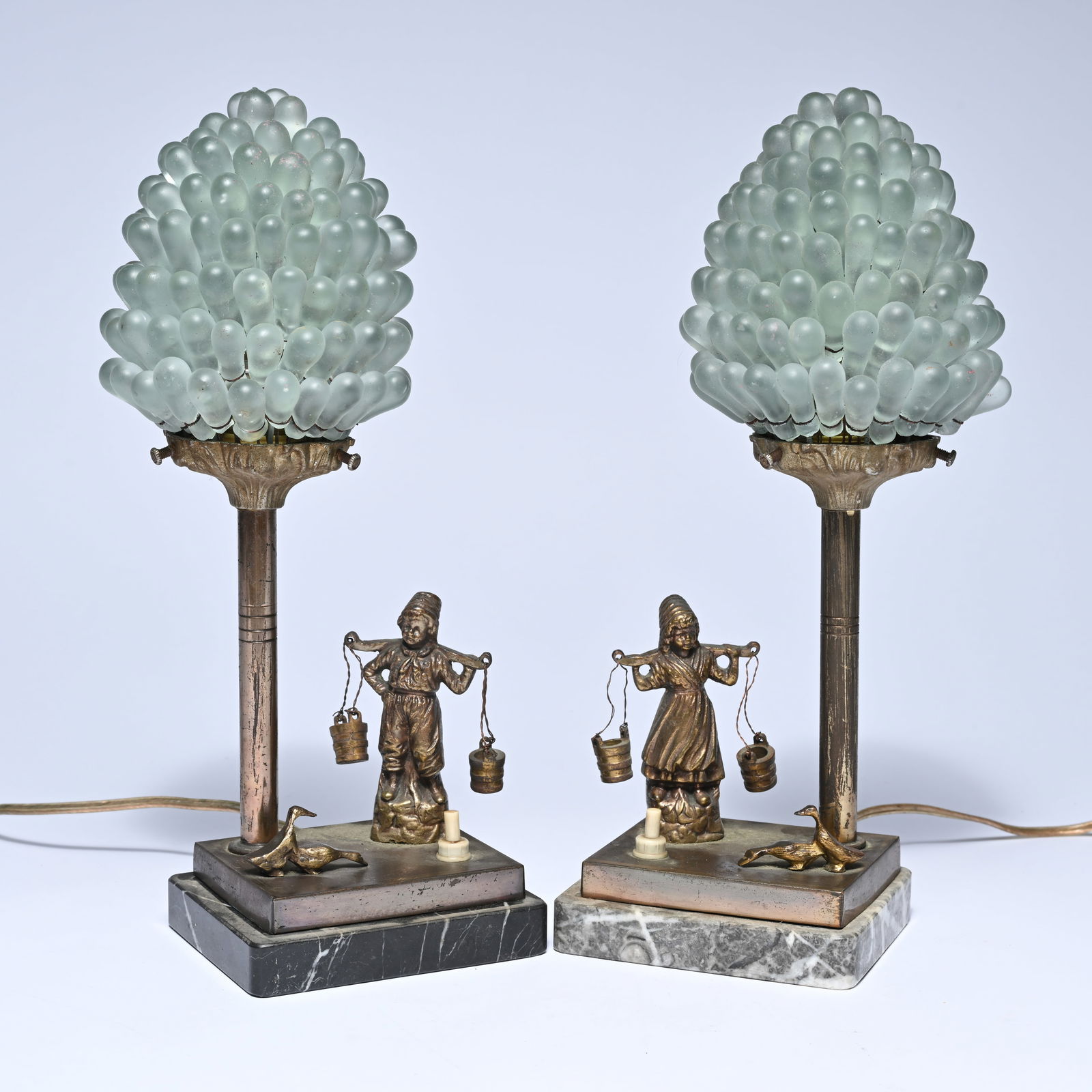 Pair of table lamps with milkmaid and boy, bronze and opal glass, on marble base (1 of 7)