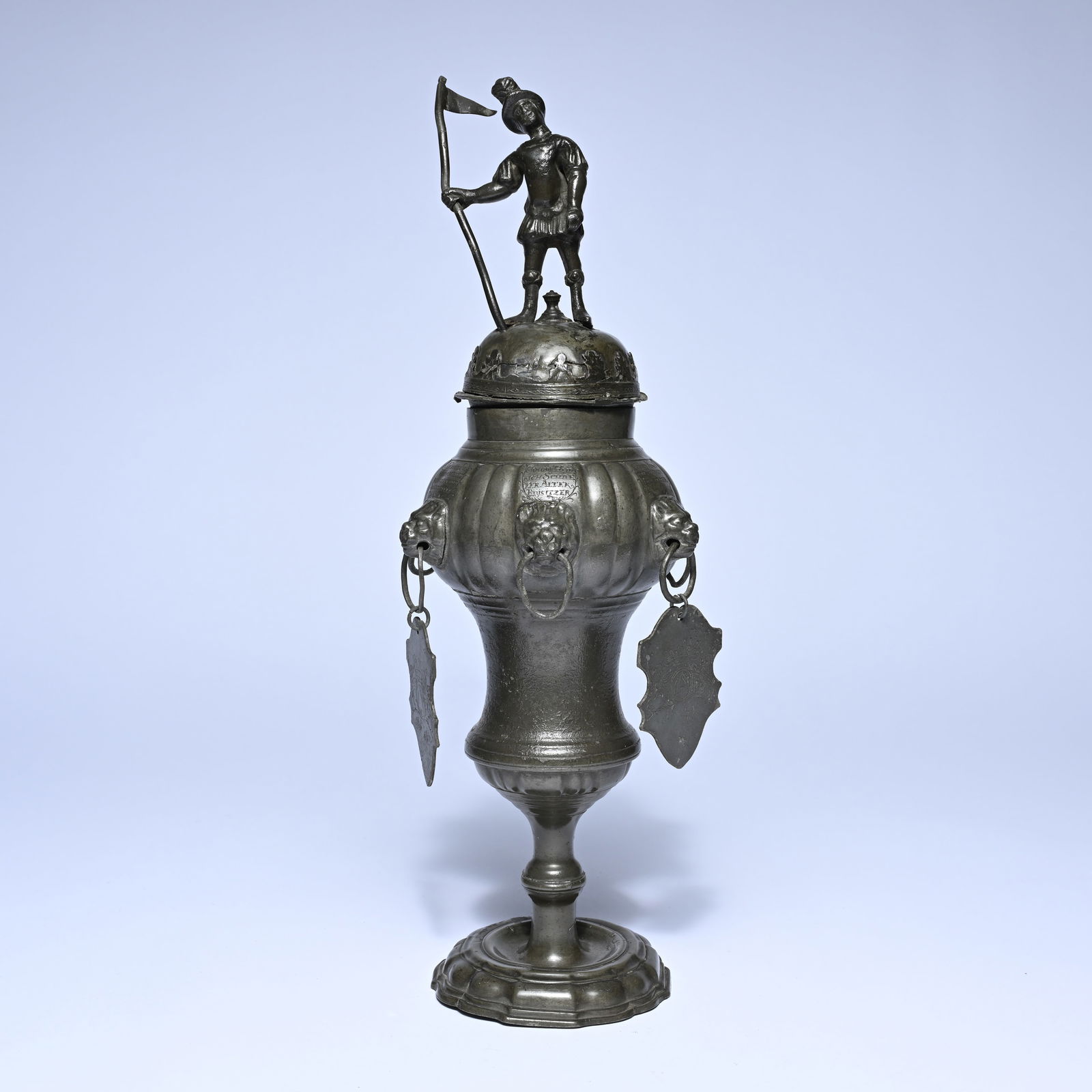 Pewter trophy or welcome cup, German (1731), with the names of the guild members (1 of 13)
