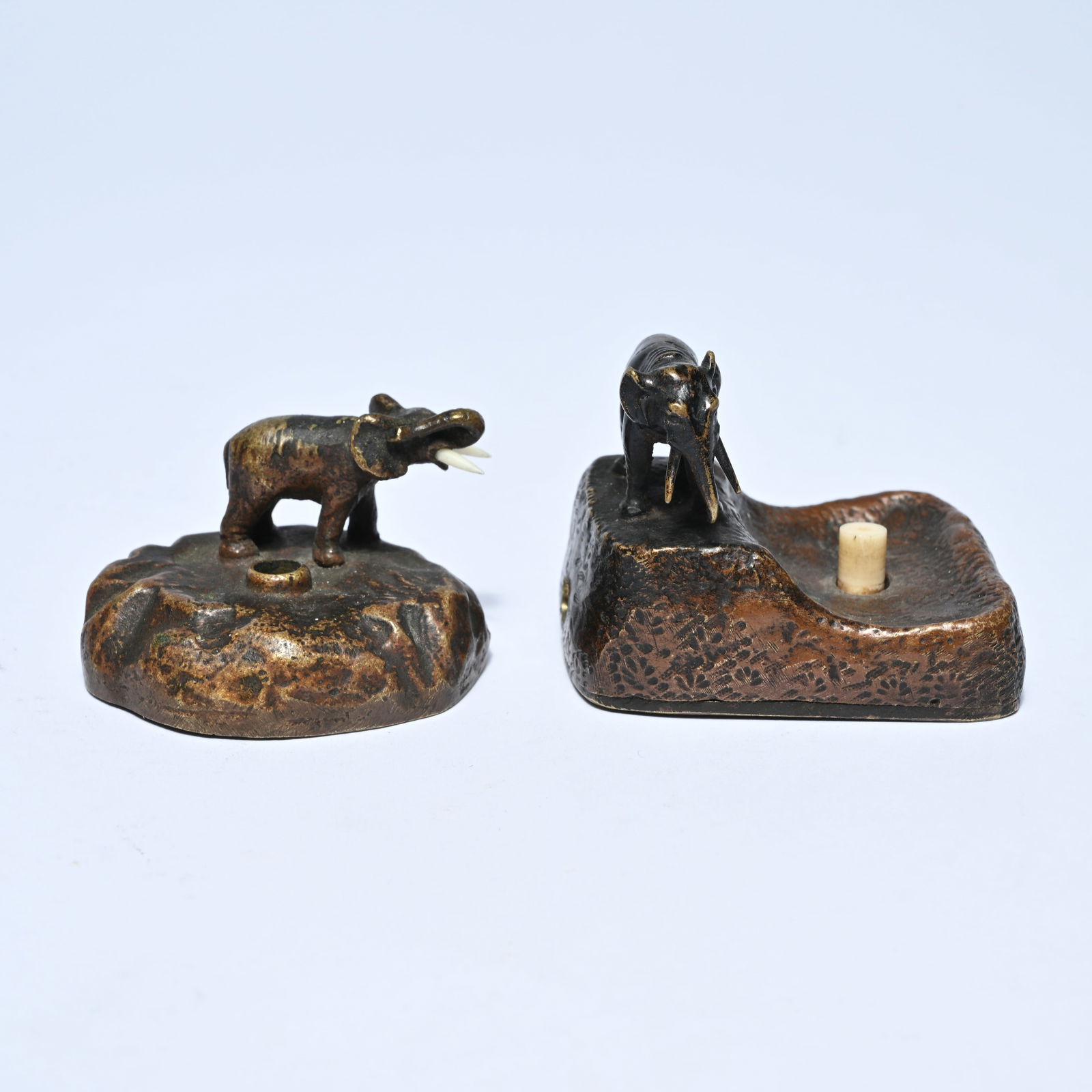 2 bronze parlor bells or butler bells, each with an elephant on an organically shaped base, circa (1 of 5)