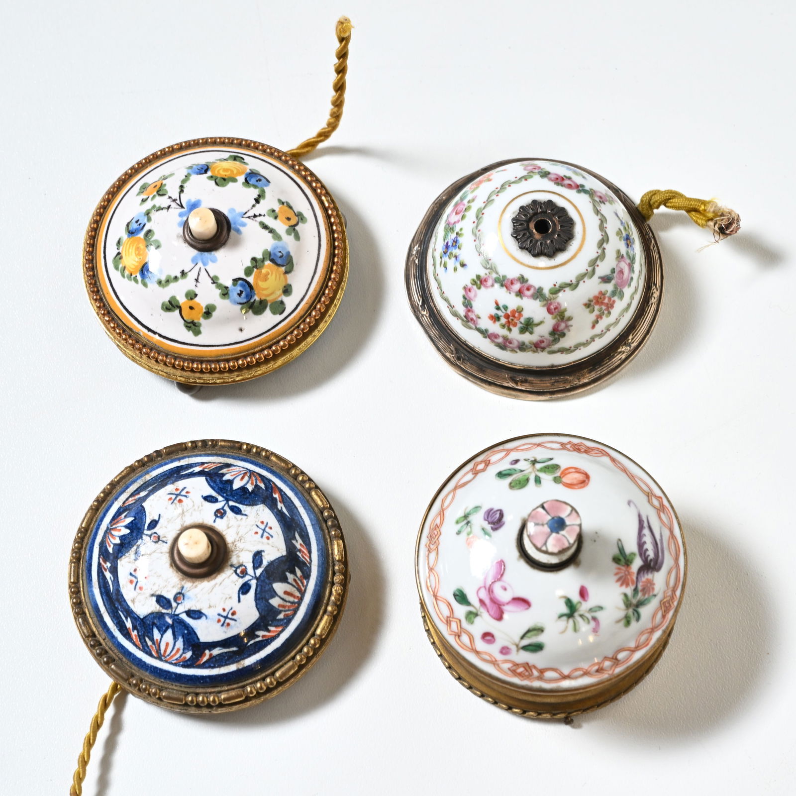 4 salon or butler bells in earthenware, hand-painted porcelain and metal, early 20th century (1 of 6)
