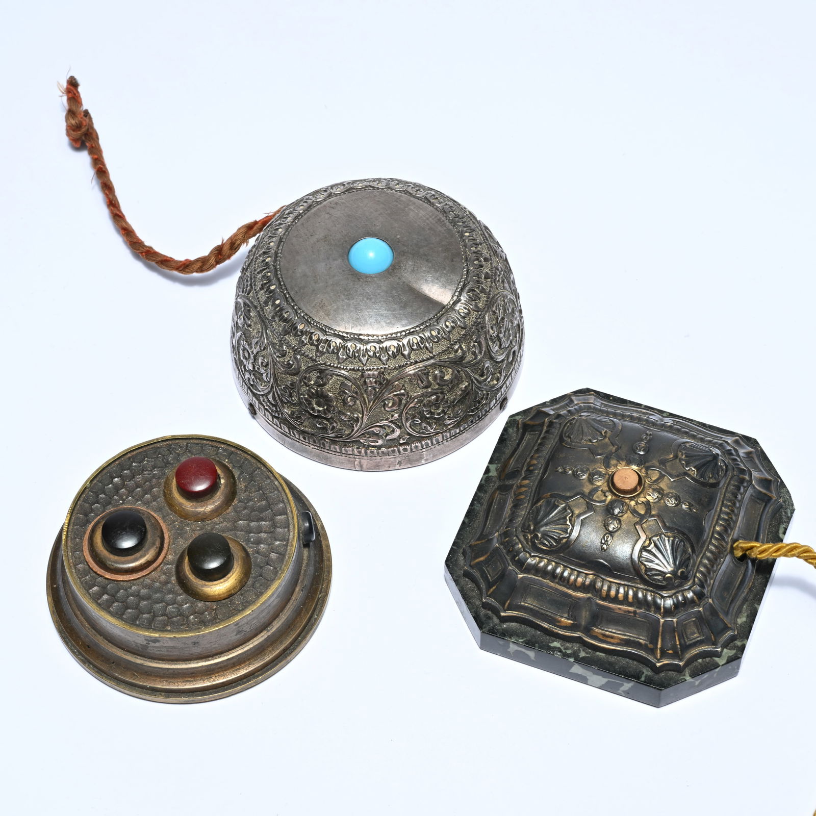 3 bells, large table model or salon bell in metal, silver-plated and marble, one with 3 functions, (1 of 5)
