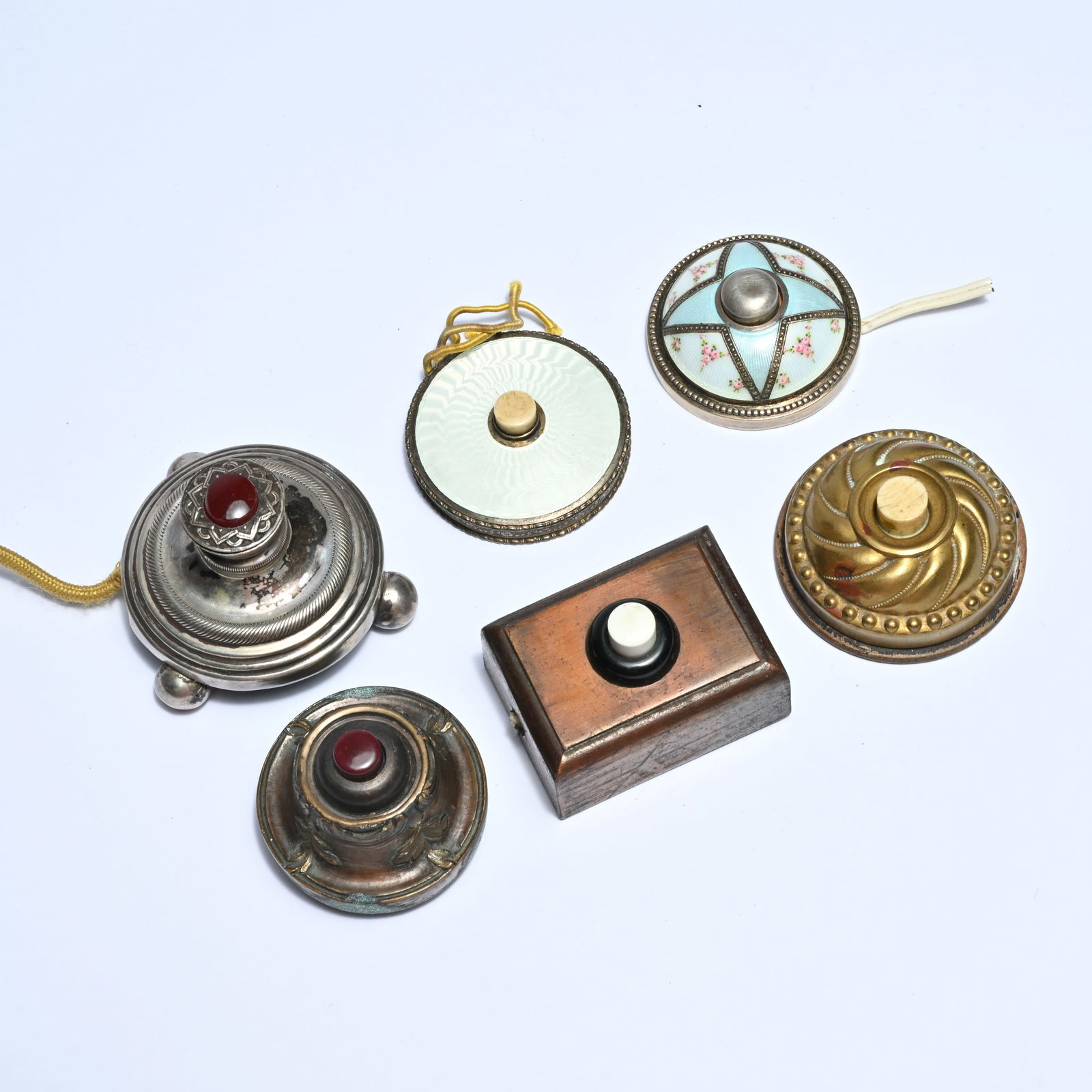 Collection of 6 salon or butler bells (1910-1920) including white Guilloché enamel, brass, (1 of 4)