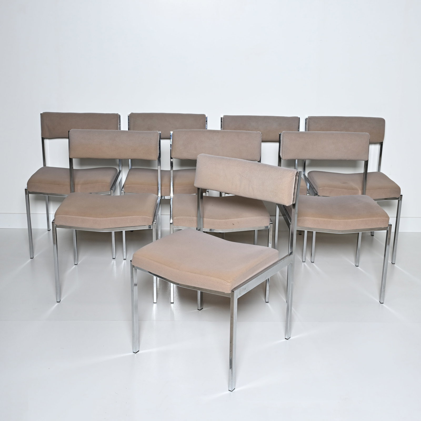 8 vintage chairs in chromed metal with beige fabric seats and back, Belgian, 1970s (1 of 9)