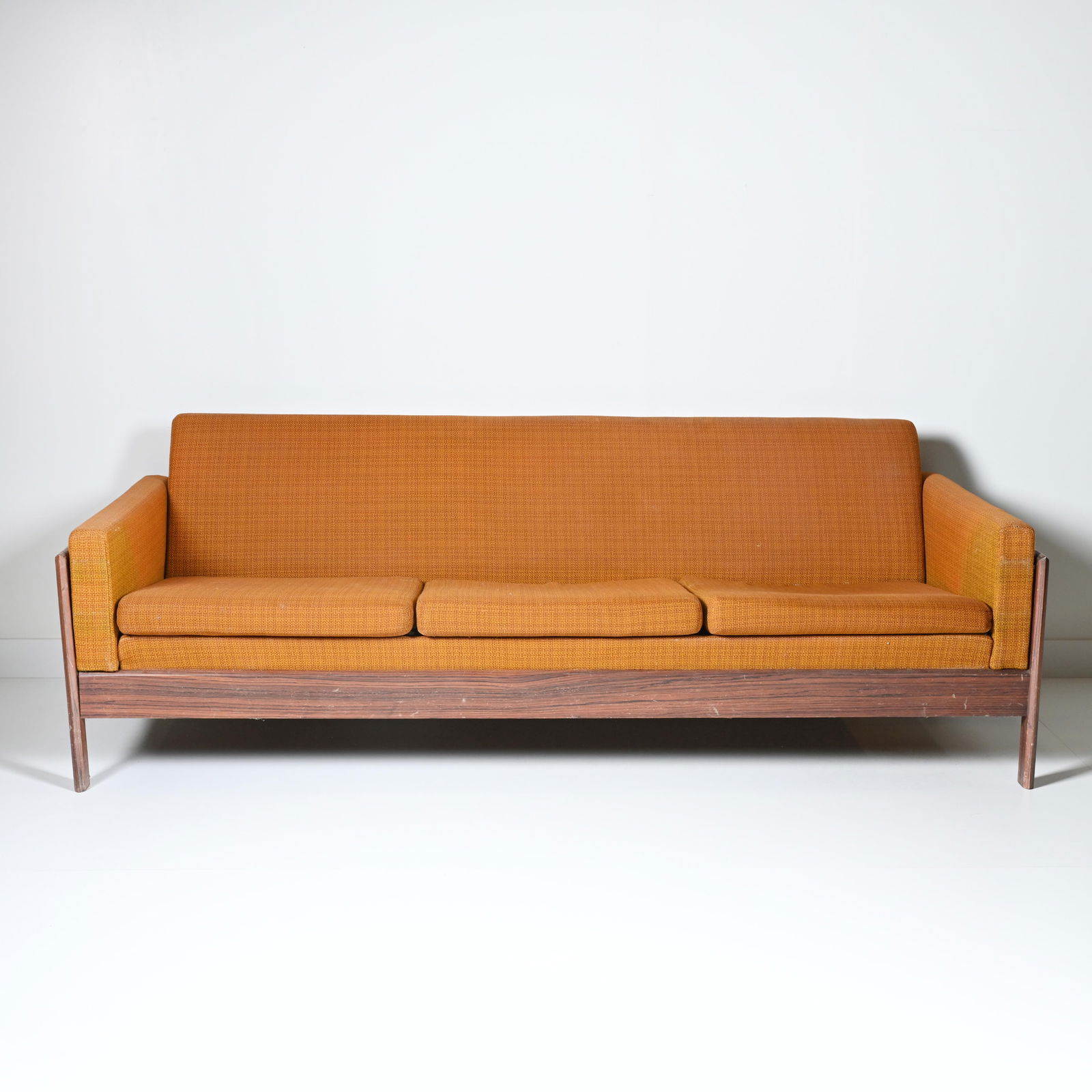 Scandinavian vintage three-seater sofa with orange fabric cushions, 1960s (1 of 5)