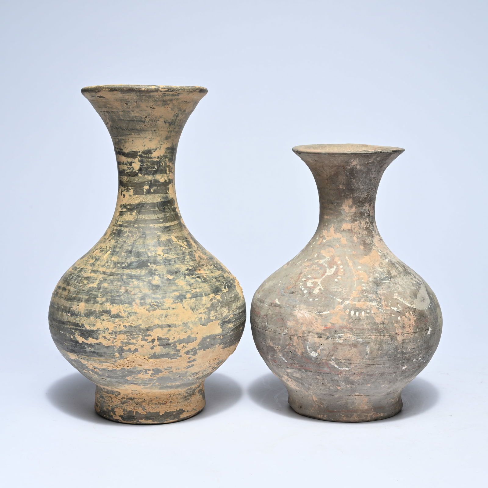 2 baluster-shaped vases in gray earthenware with traces of polychromy, China, Han Dynasty (1 of 8)