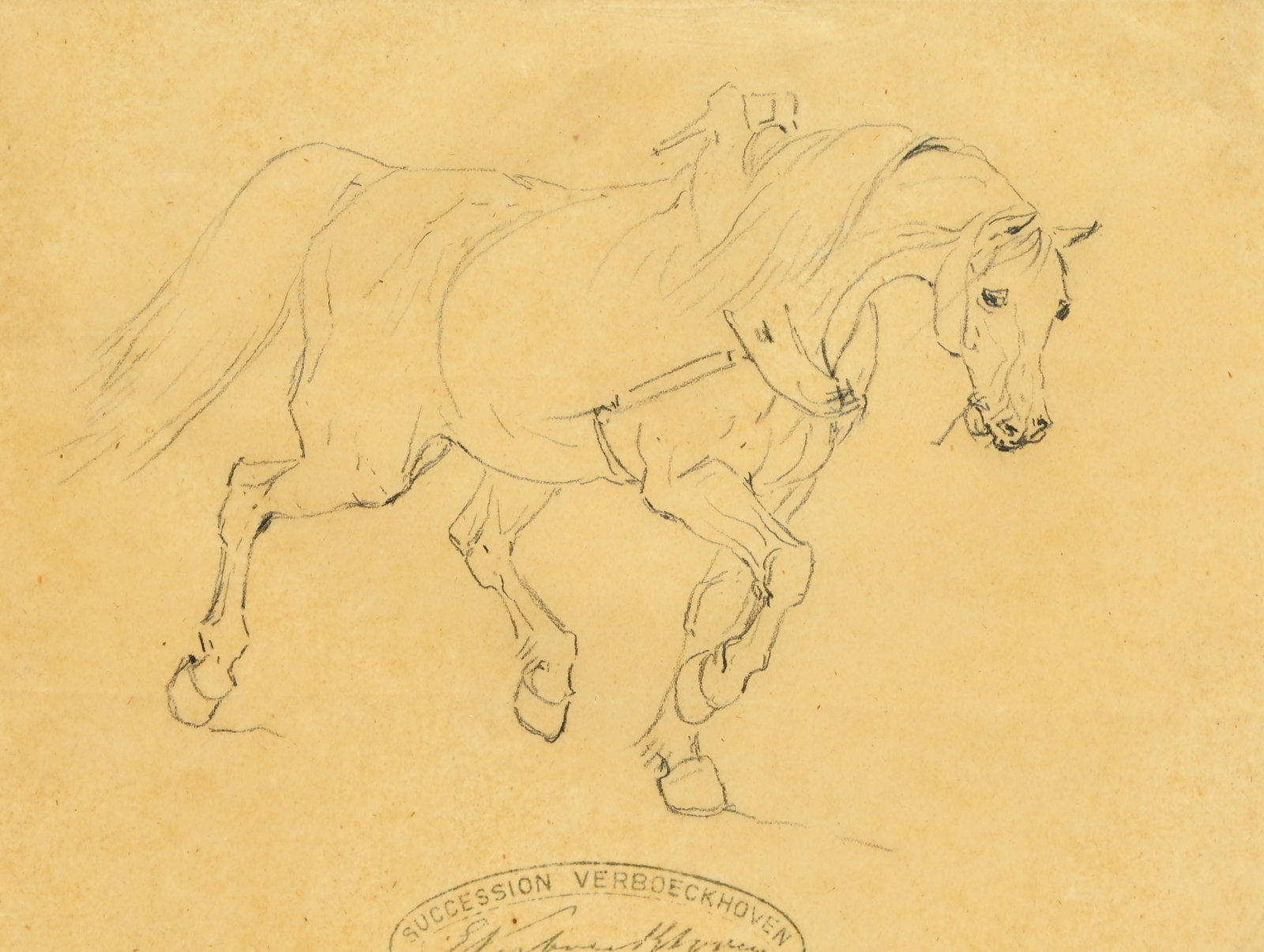 Eugene VERBOECKHOVEN (1798/99-1881), pencil drawing, Draft horse, stamped Succession Verboeckhoven (1 of 4)