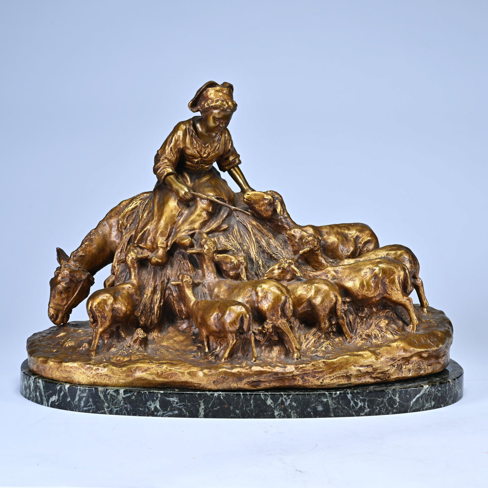 Giuseppe D'ASTE (1881-1945), gilt bronze group on marble base Jeune bergere et ses moutons, signed (1 of 13)