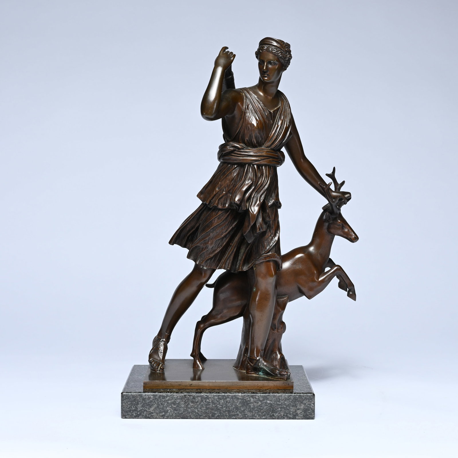 Bronze statue ‘Diana of Versailles’ on a marble pedestal, marked “F. Barbedienne, foundry, (1 of 8)