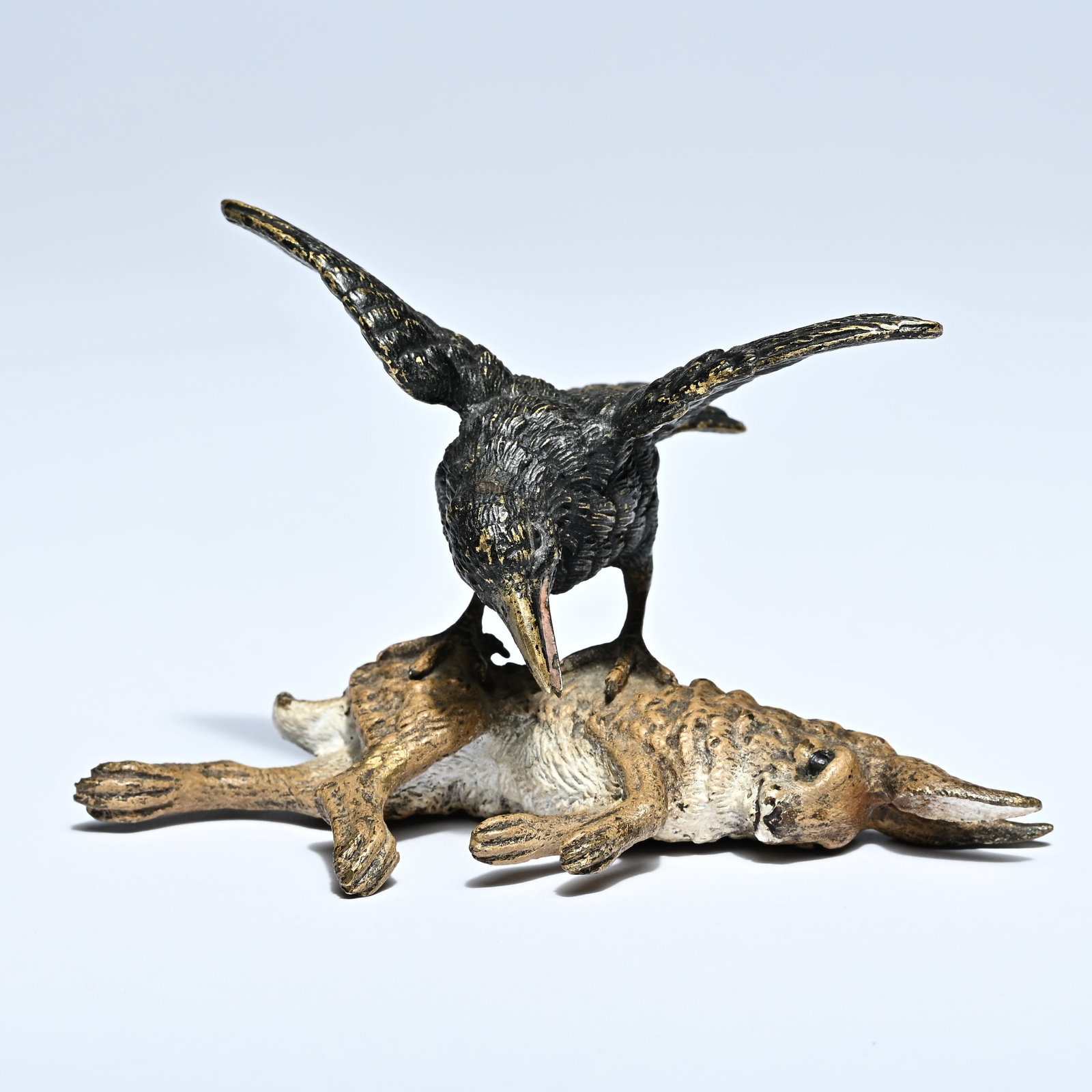 Viennese bronze Muller & Sohne, cold-painted bronze of a raven with a hare, circa 1920 (1 of 6)