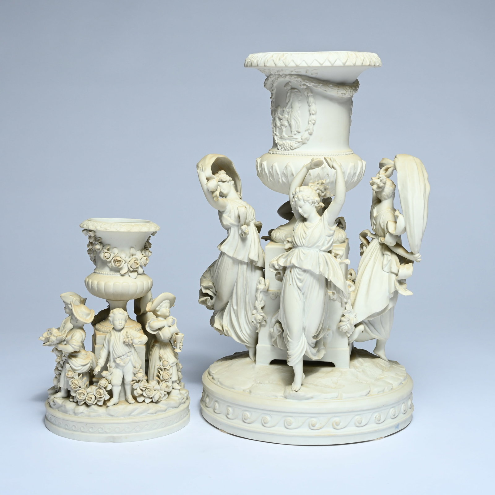 2 groups in monochrome biscuit. Dancing nymphs, a Louis XVI-style table centerpiece (large) and a (1 of 13)