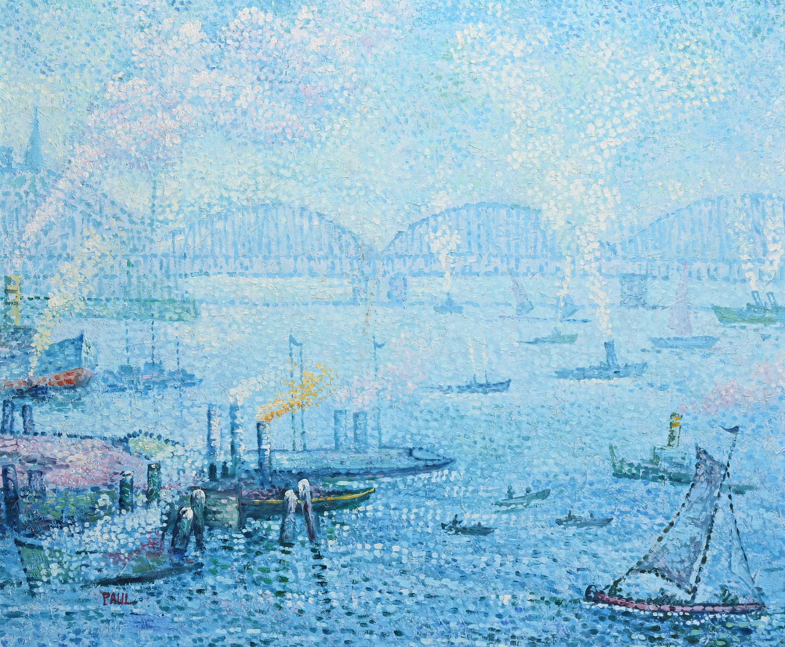 Impressionist oil on canvas after a 1907 painting by Paul Signac 'Le port de Rotterdam', signed PAUL (1 of 10)