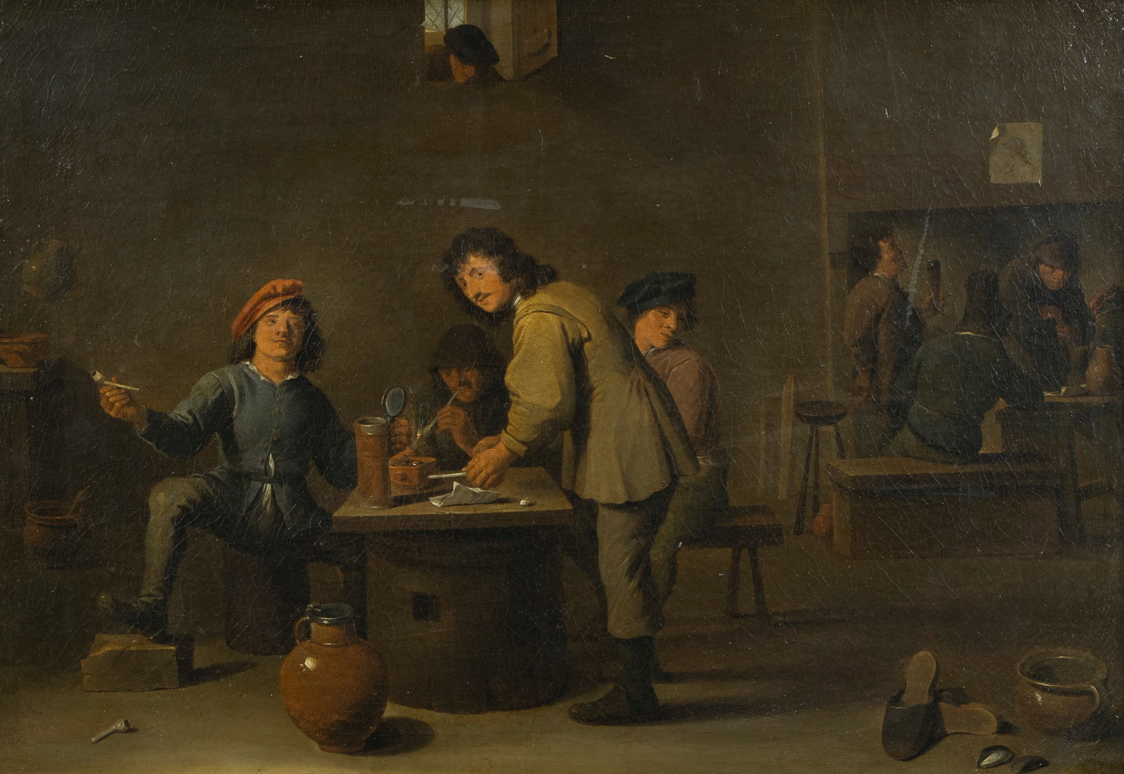 17th century oil on canvas depicting a lively genre scene, a group of men gathered around a table in (1 of 7)