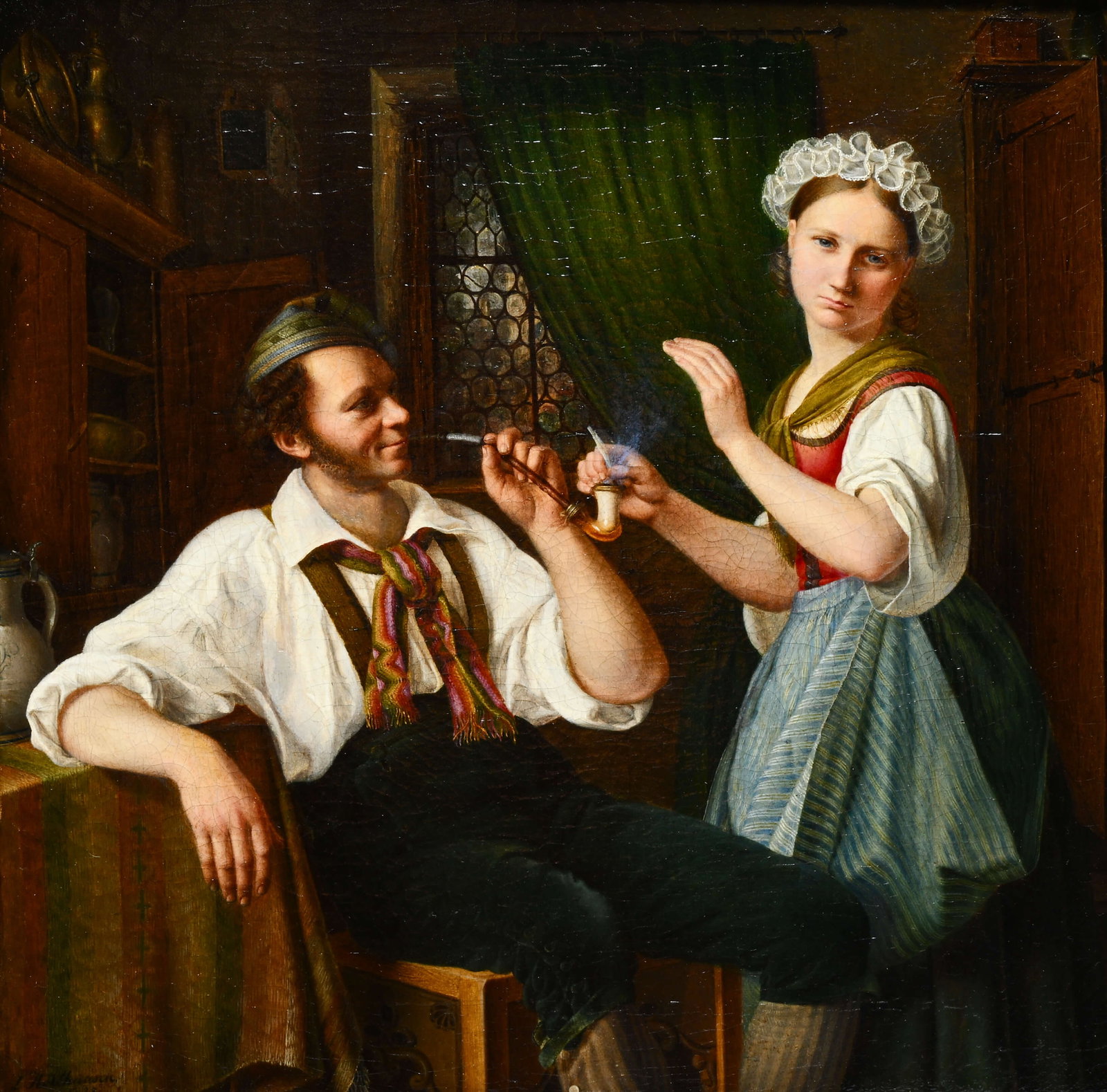 Ludwig HOLTHAUSEN (1807-1890), oil on canvas, L'allumage de la pipe 1833, signed (1 of 6)