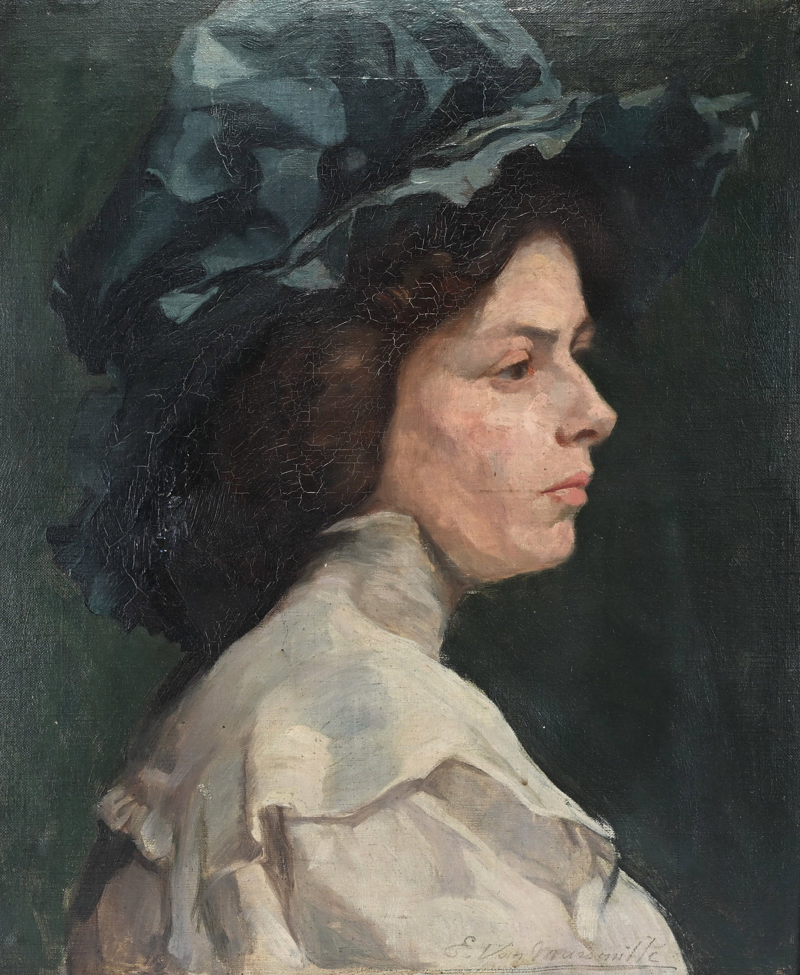 Impressionist portrait of a lady wearing a headdress, seen in profile, oil on canvas, c. (1 of 5)