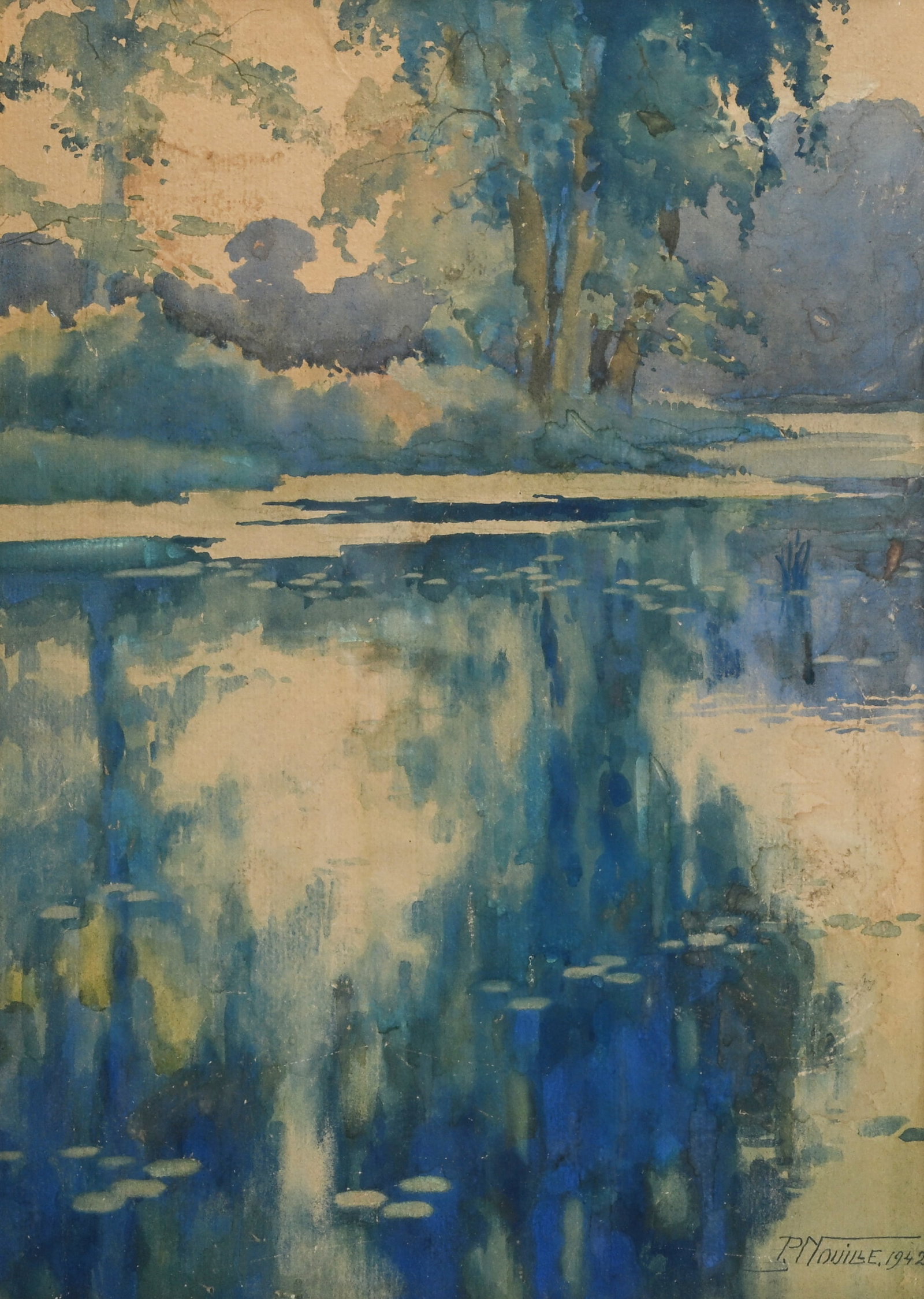 Paul Nouille (XX), watercolour, park pond, signed and dated 1942 (1 of 6)