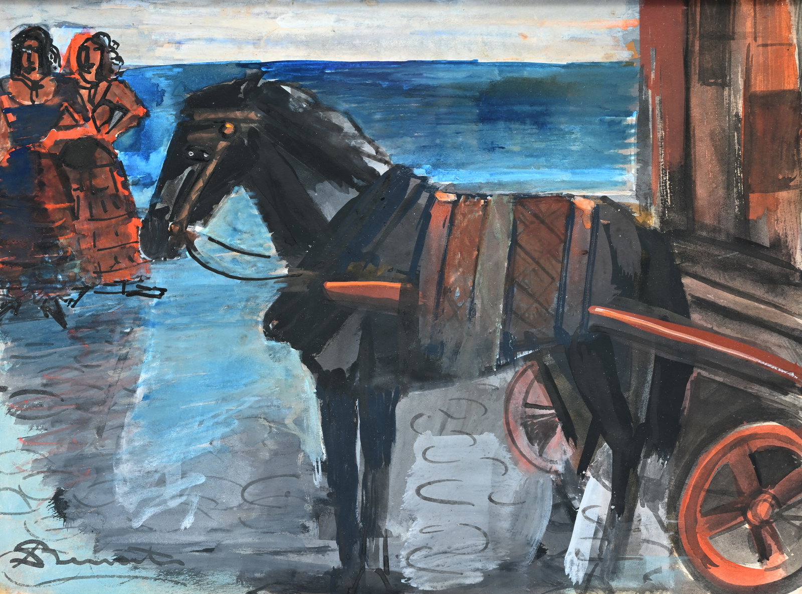 Leo BERVOETS (1892-1978), Horse and cart, watercolor, signed (1 of 4)