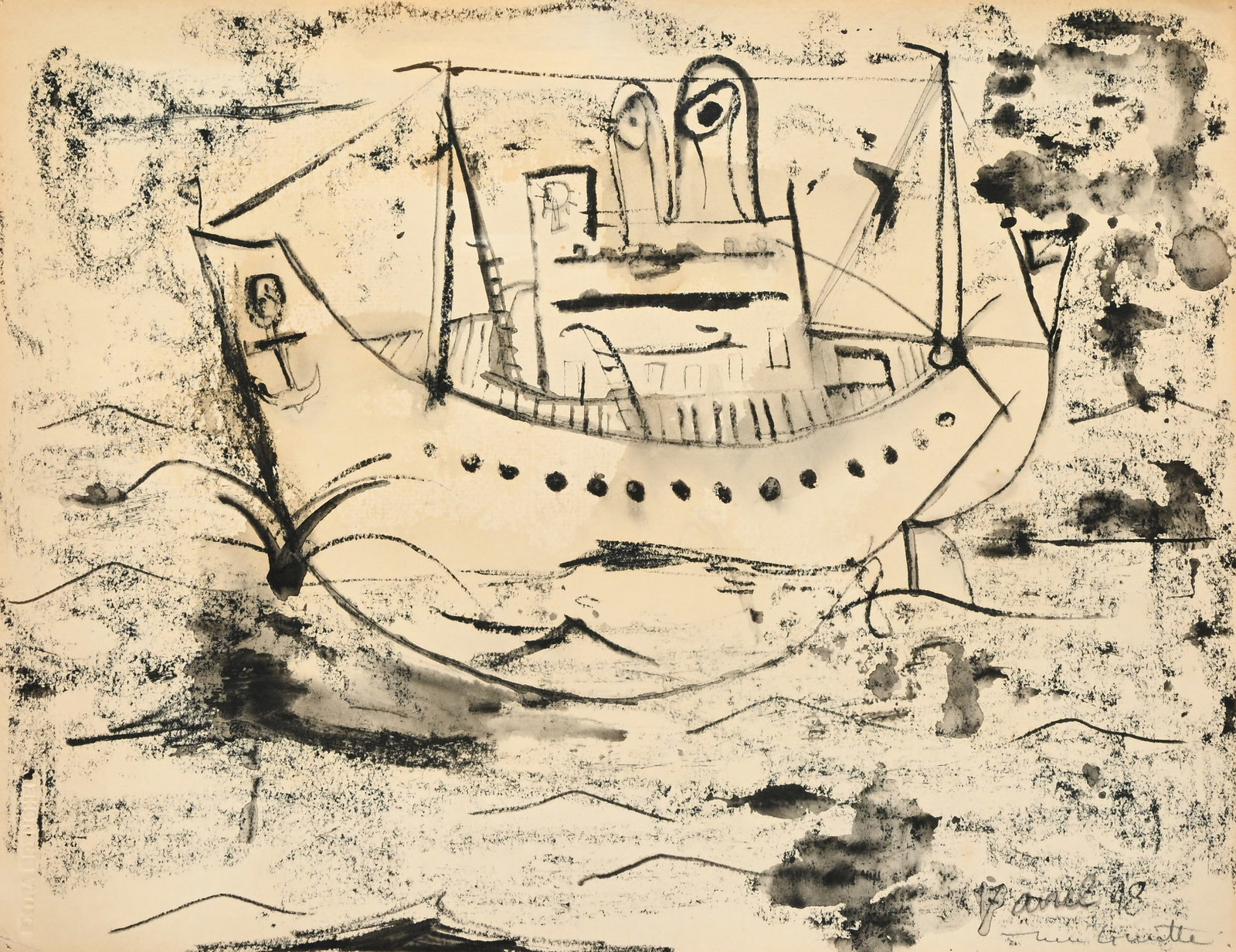 Rene GUIETTE (1893-1976), 'Boat', pencildrawing with charcoal, signed and dated 1946 (1 of 7)
