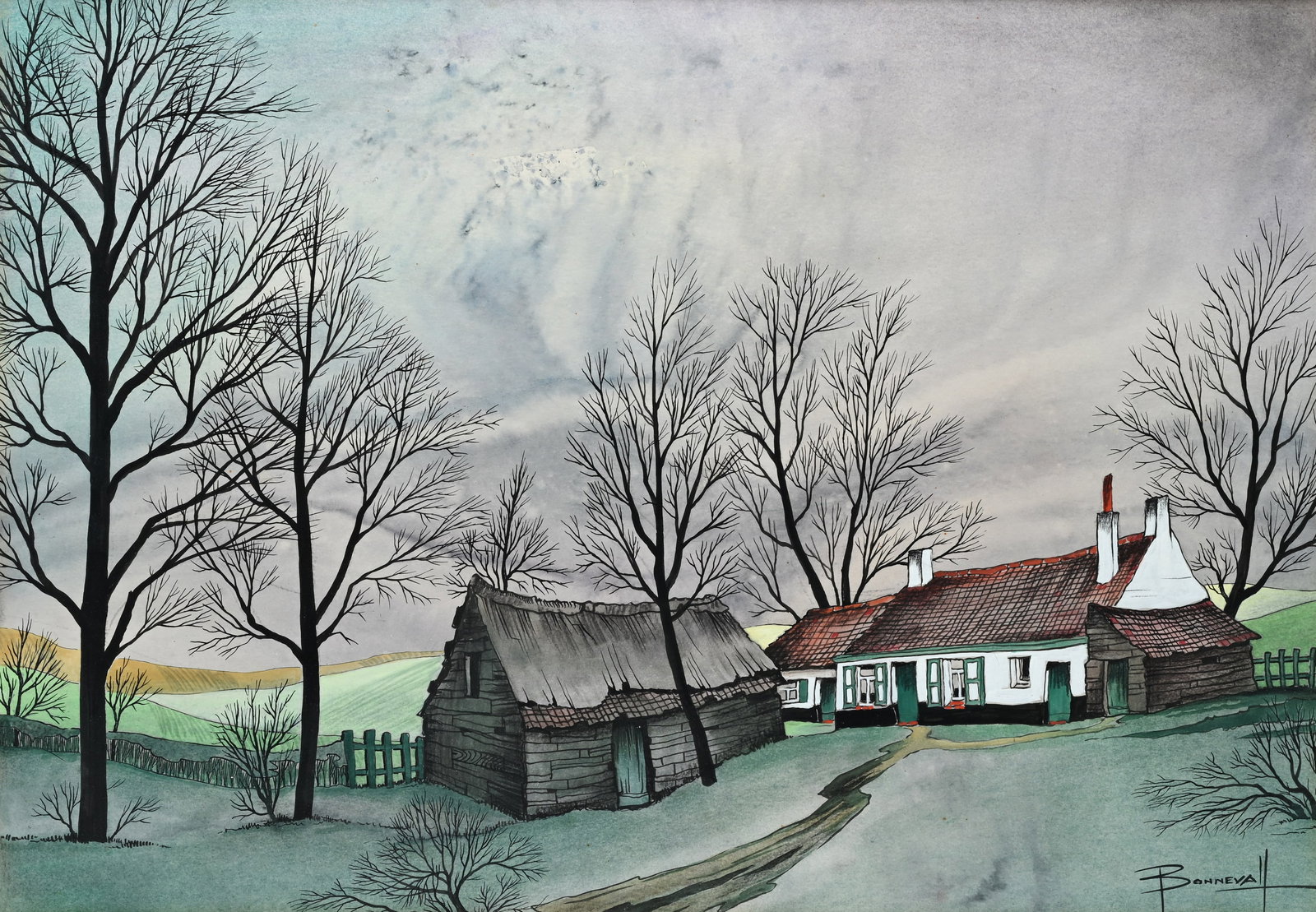 Oscar Bonnevalle (1920–1993), watercolor, farmhouse in a rolling landscape, signed. (1 of 4)