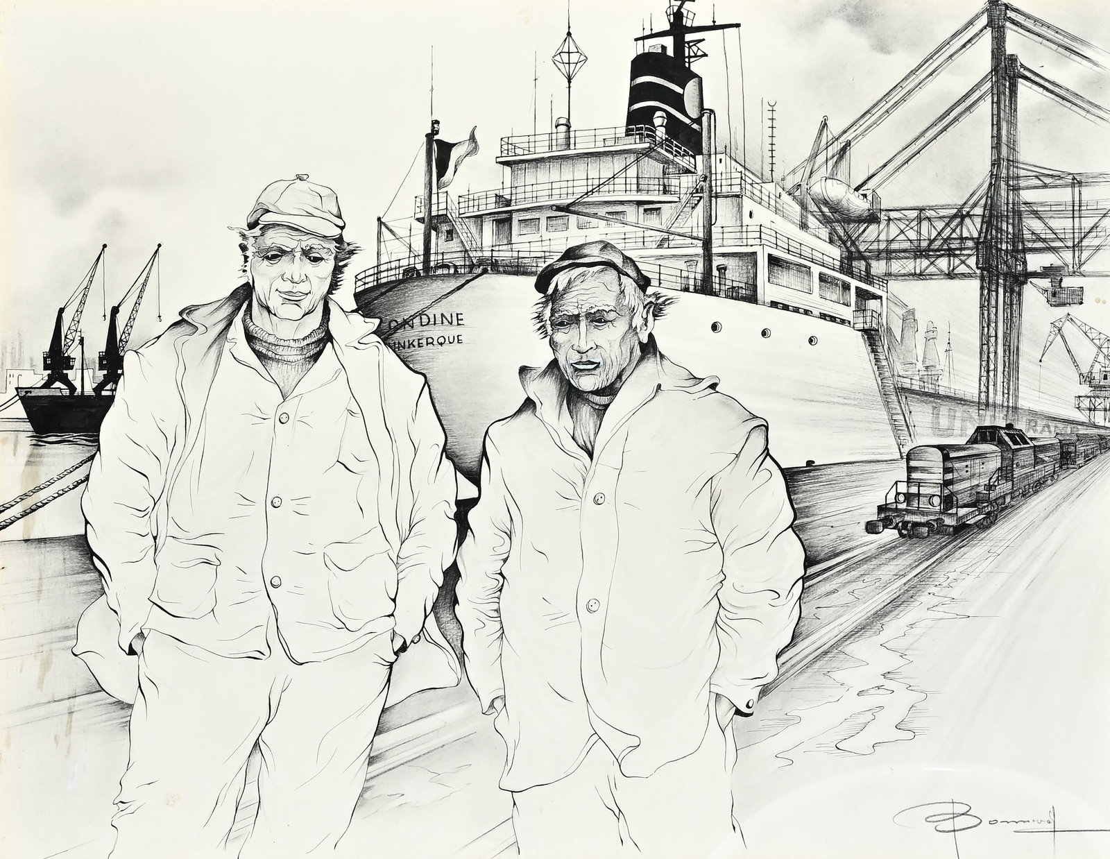 Oscar Hector BONNEVALLE (1920-1993), Harboursight, drawing, signed (1 of 6)