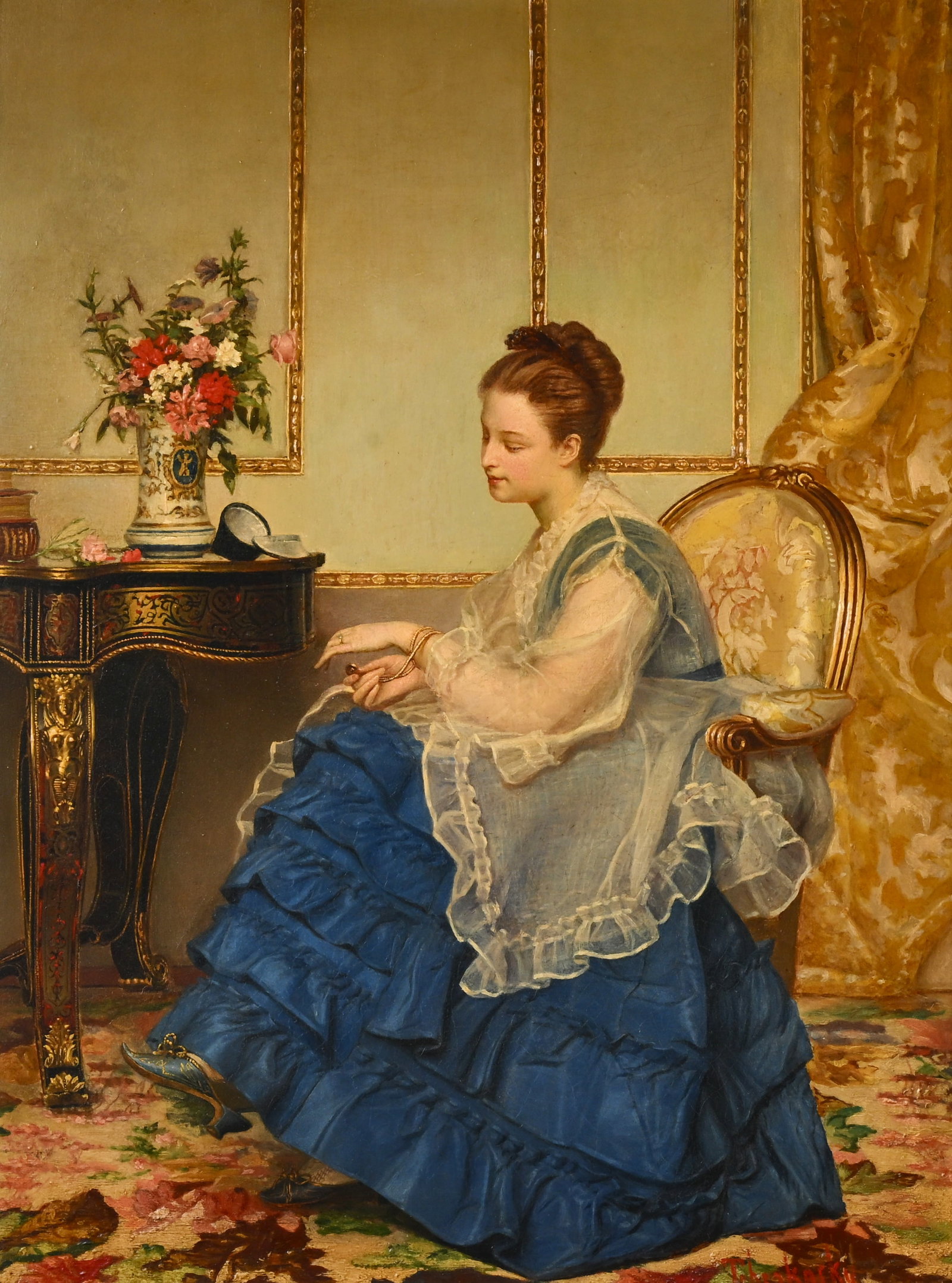 Salon interior with elegant lady, oil on panel, circa 1865-1880, in richly gilded original frame, (1 of 10)